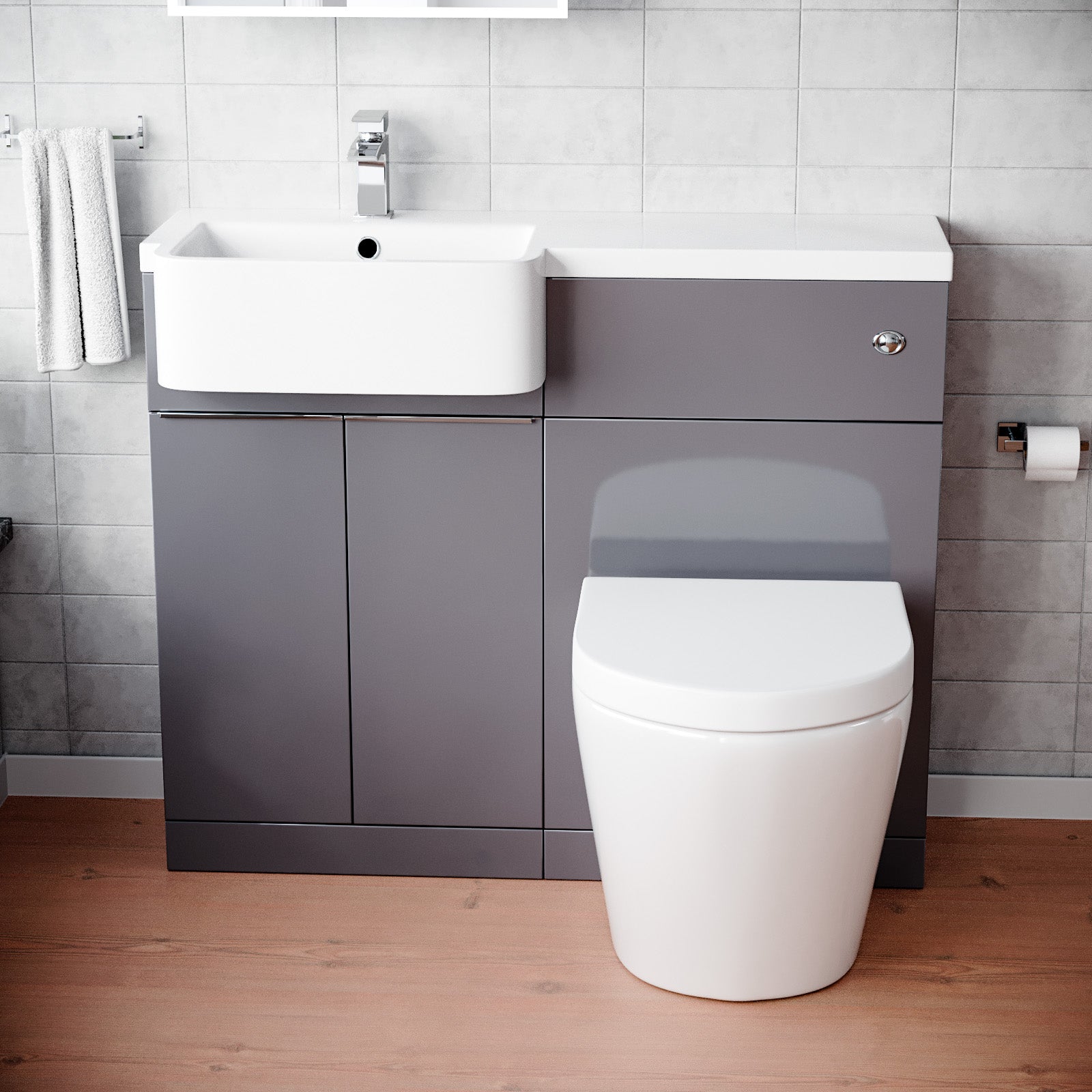 Haoran 1000mm Freestanding Cabinet Steel Grey with Basin, WC Unit & Toilet