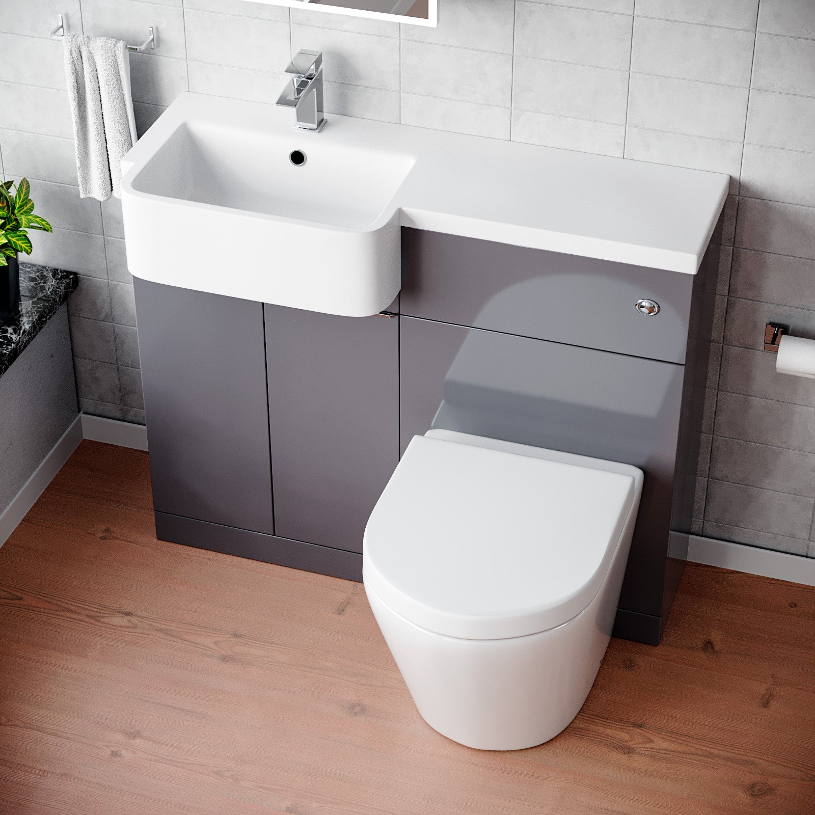 Haoran 1000mm Freestanding Cabinet Steel Grey with Basin, WC Unit & Toilet