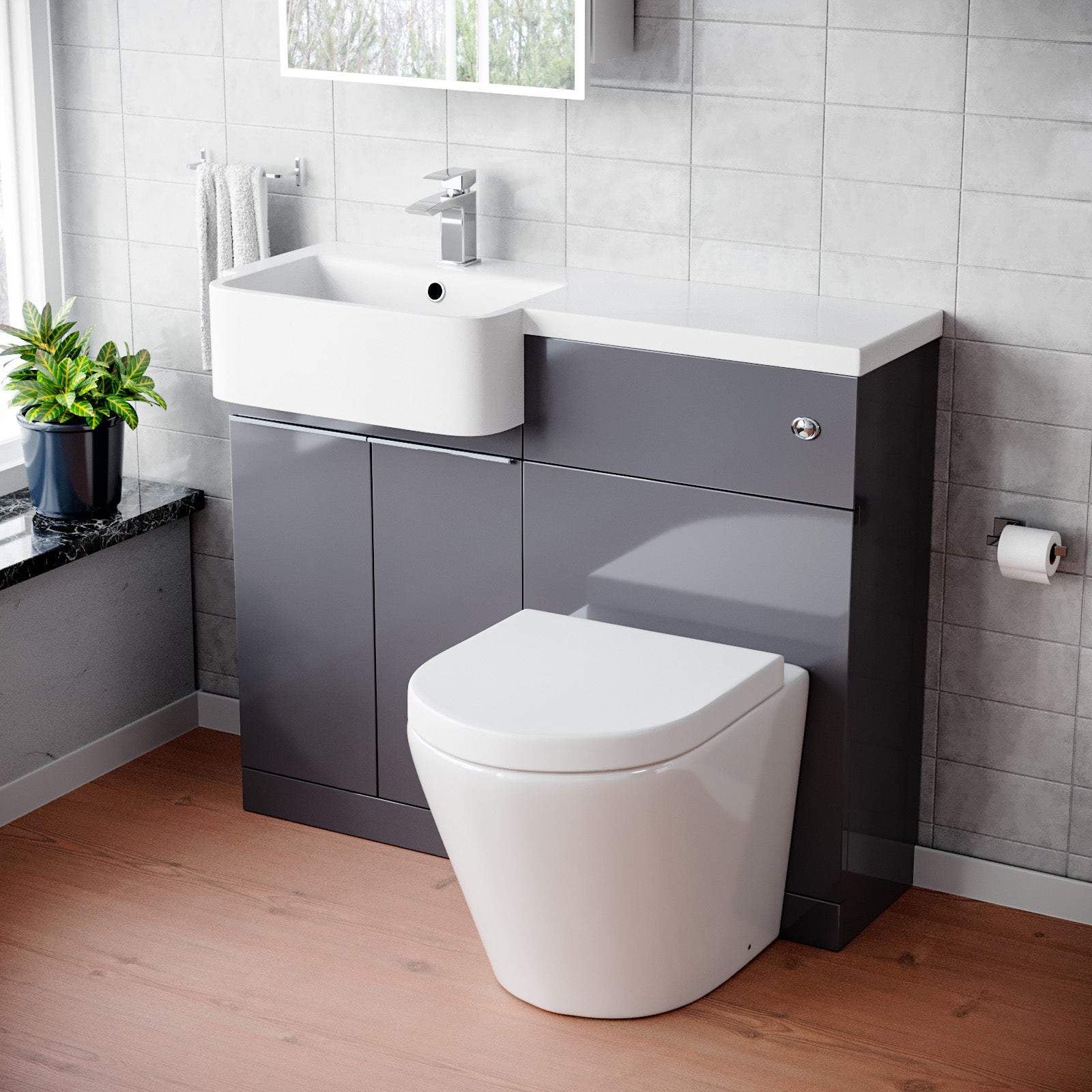 Haoran 1000mm Freestanding Cabinet Steel Grey with Basin, WC Unit & Toilet