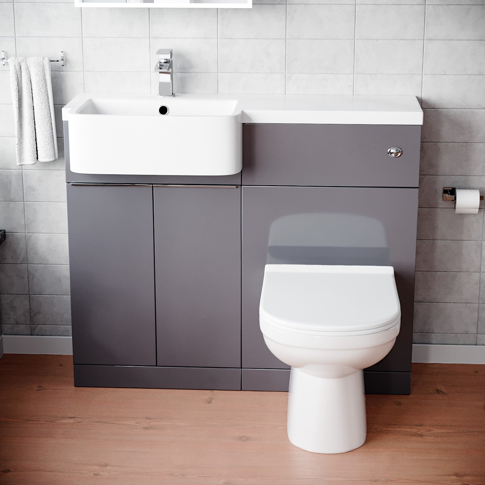 Haoran 1000mm Steel Grey Cabinet with Basin, WC Unit & Toilet with Chrome Handle