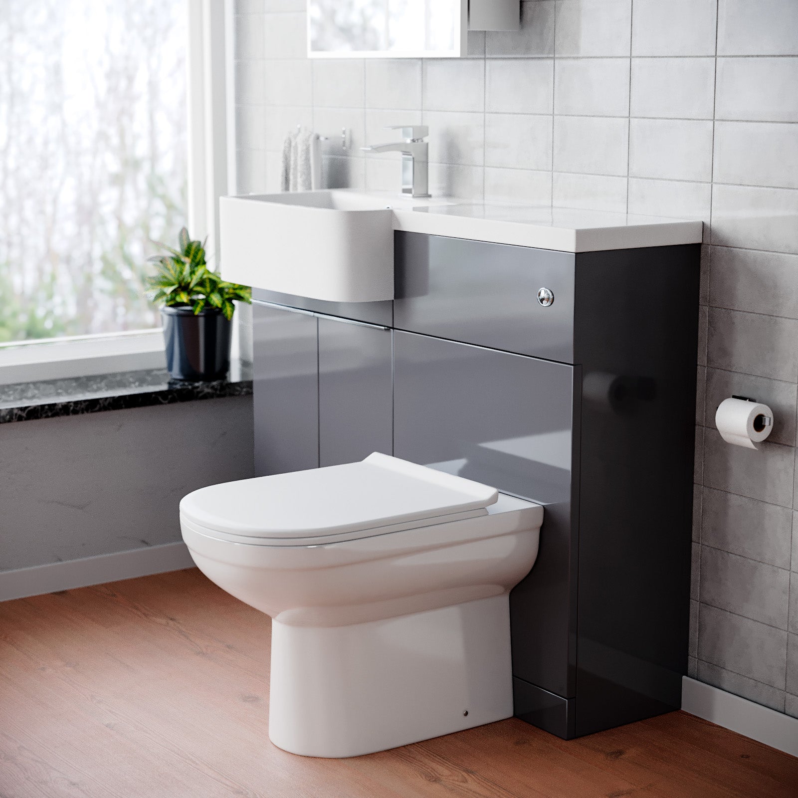 Haoran 1000mm Steel Grey Cabinet with Basin, WC Unit & Toilet with Chrome Handle