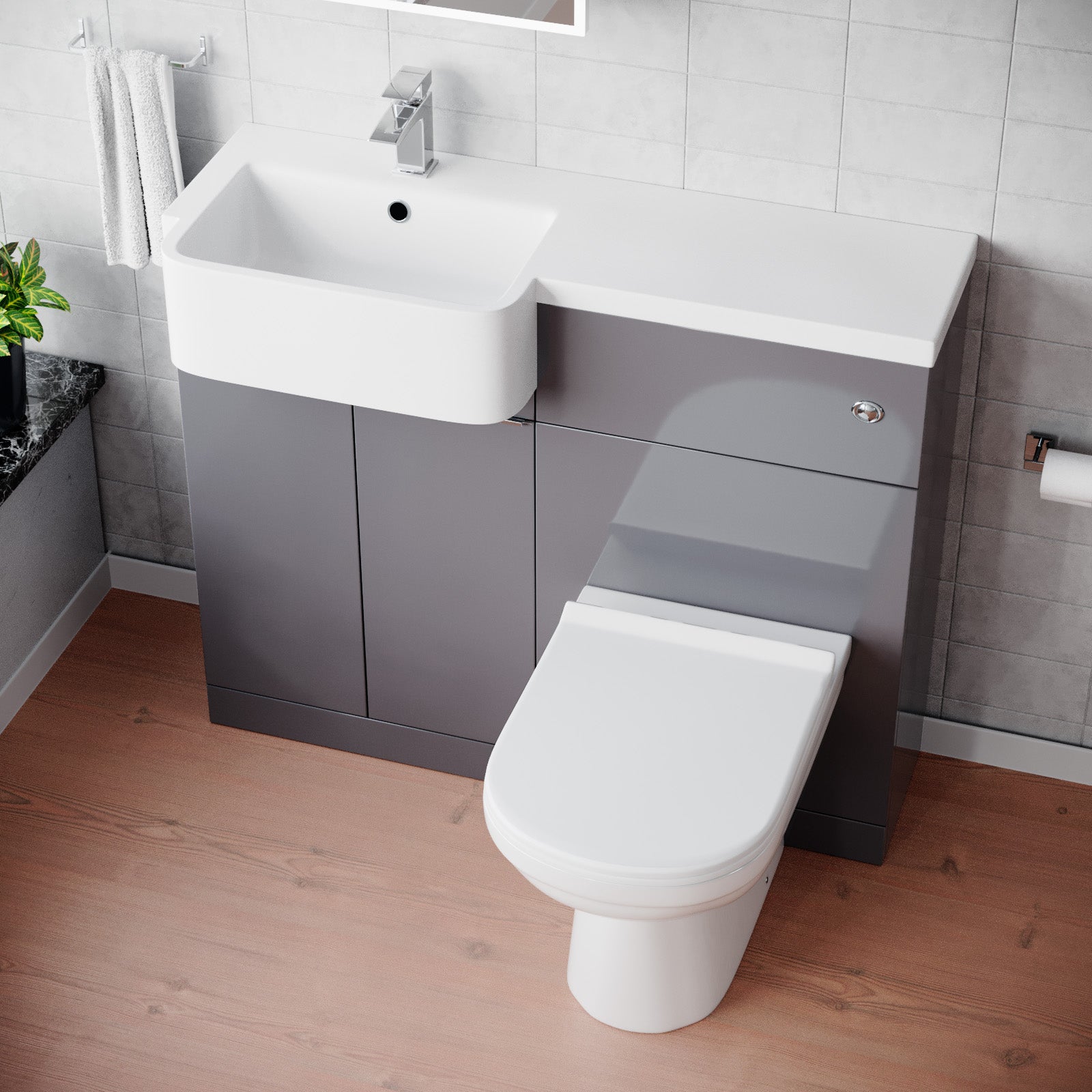 Haoran 1000mm Steel Grey Cabinet with Basin, WC Unit & Toilet with Chrome Handle