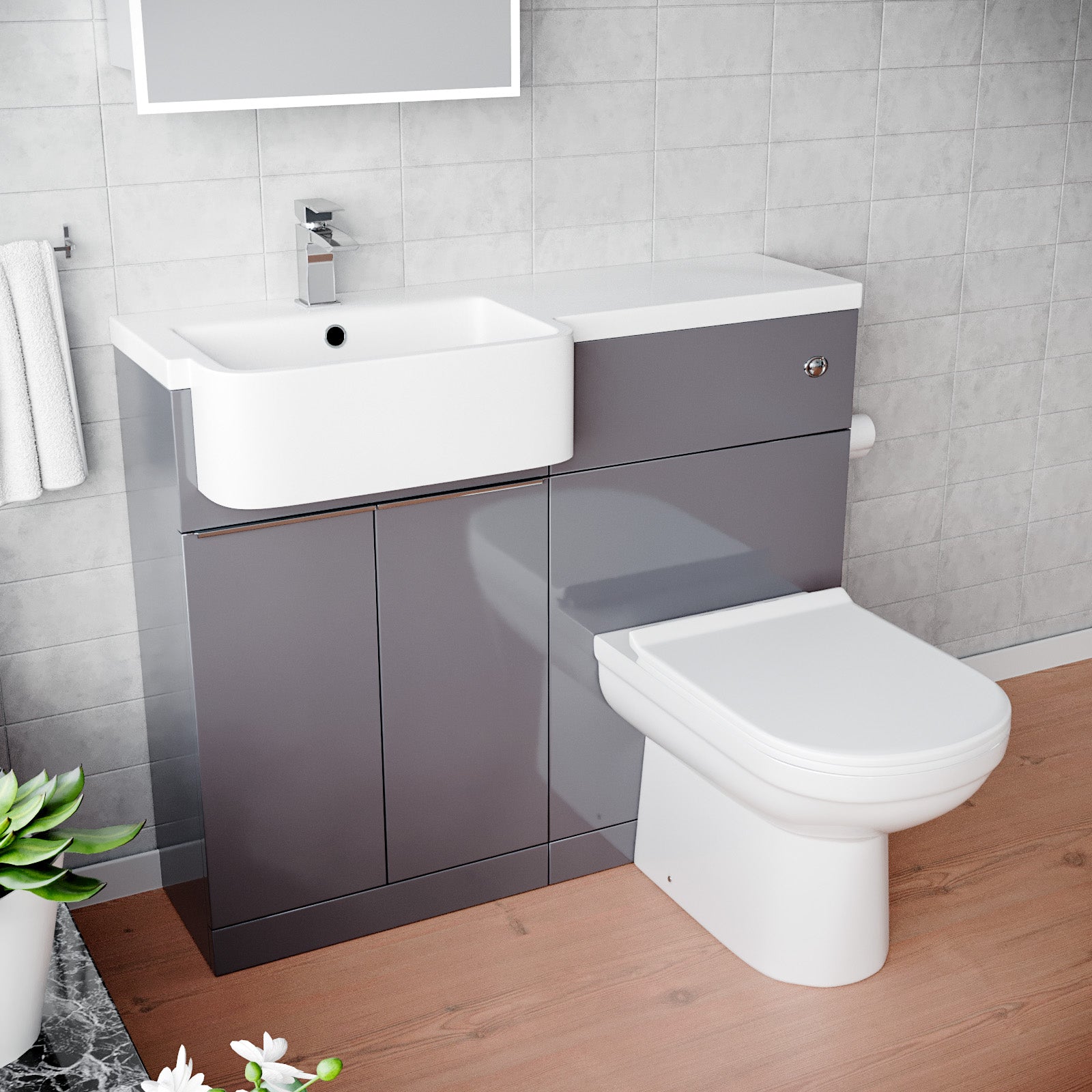 Haoran 1000mm Steel Grey Cabinet with Basin, WC Unit & Toilet with Chrome Handle