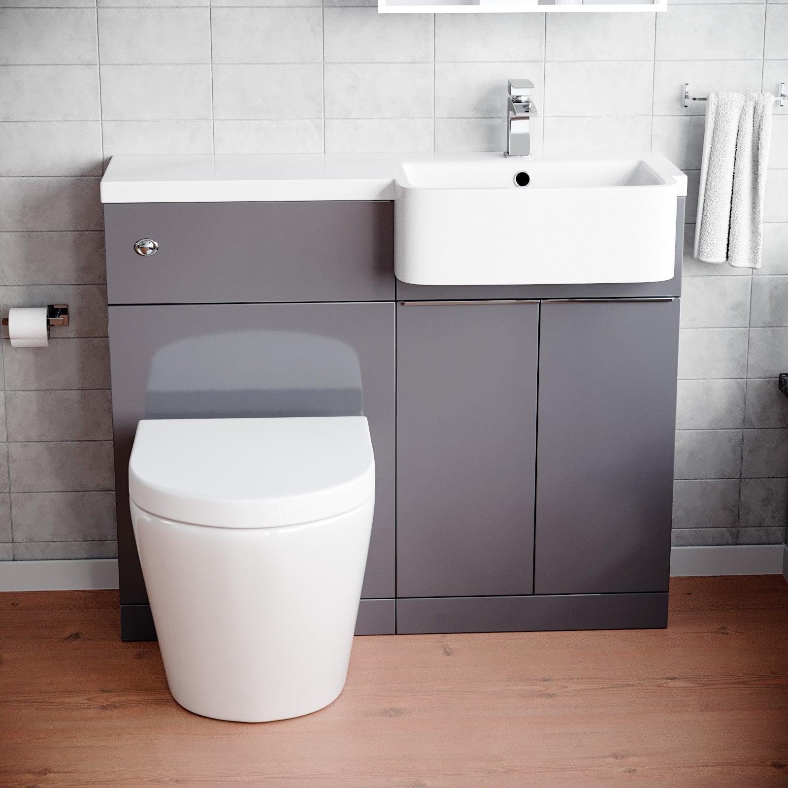 Haoran 1000mm Freestanding Cabinet Steel Grey with Basin, WC Unit & Toilet