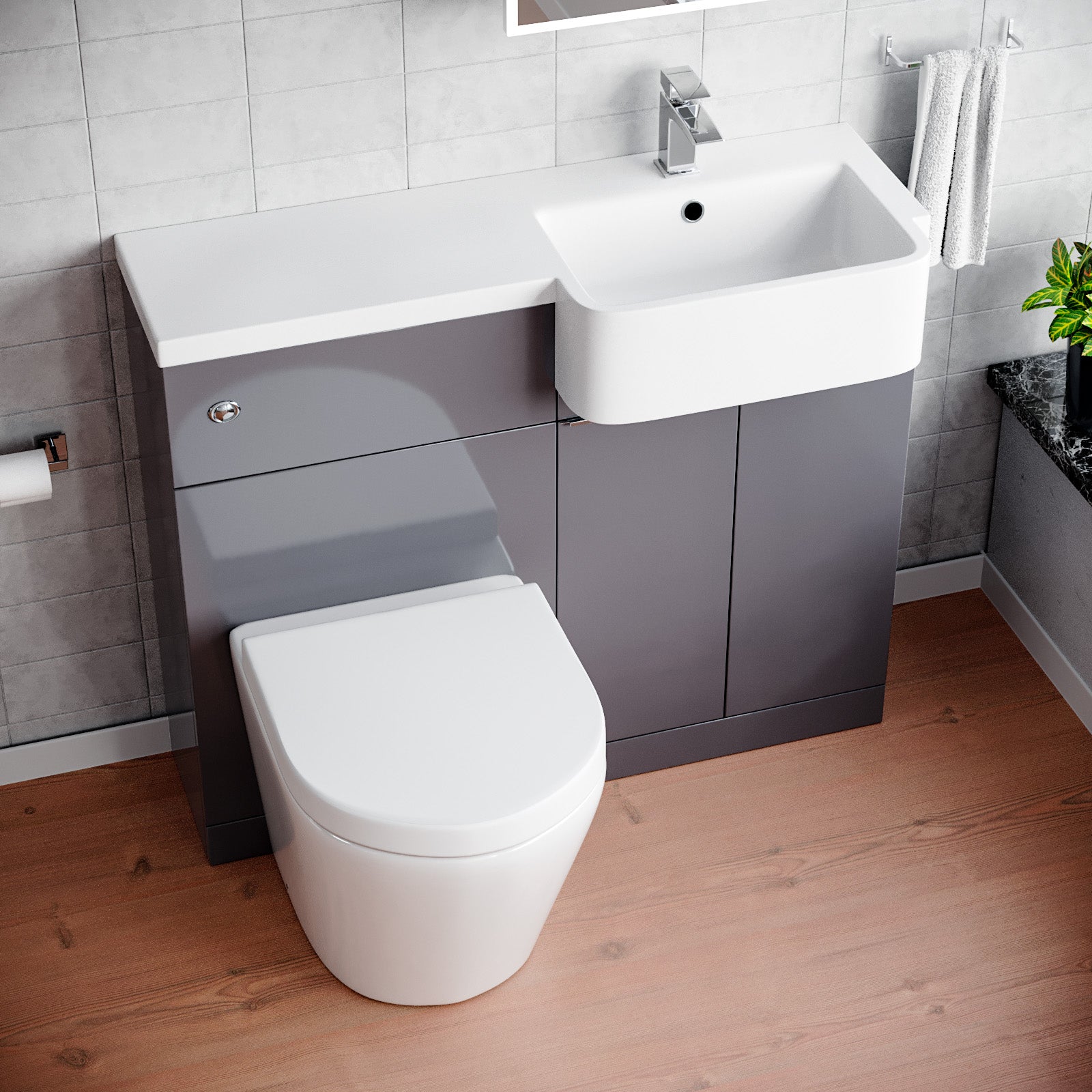 Haoran 1000mm Freestanding Cabinet Steel Grey with Basin, WC Unit & Toilet