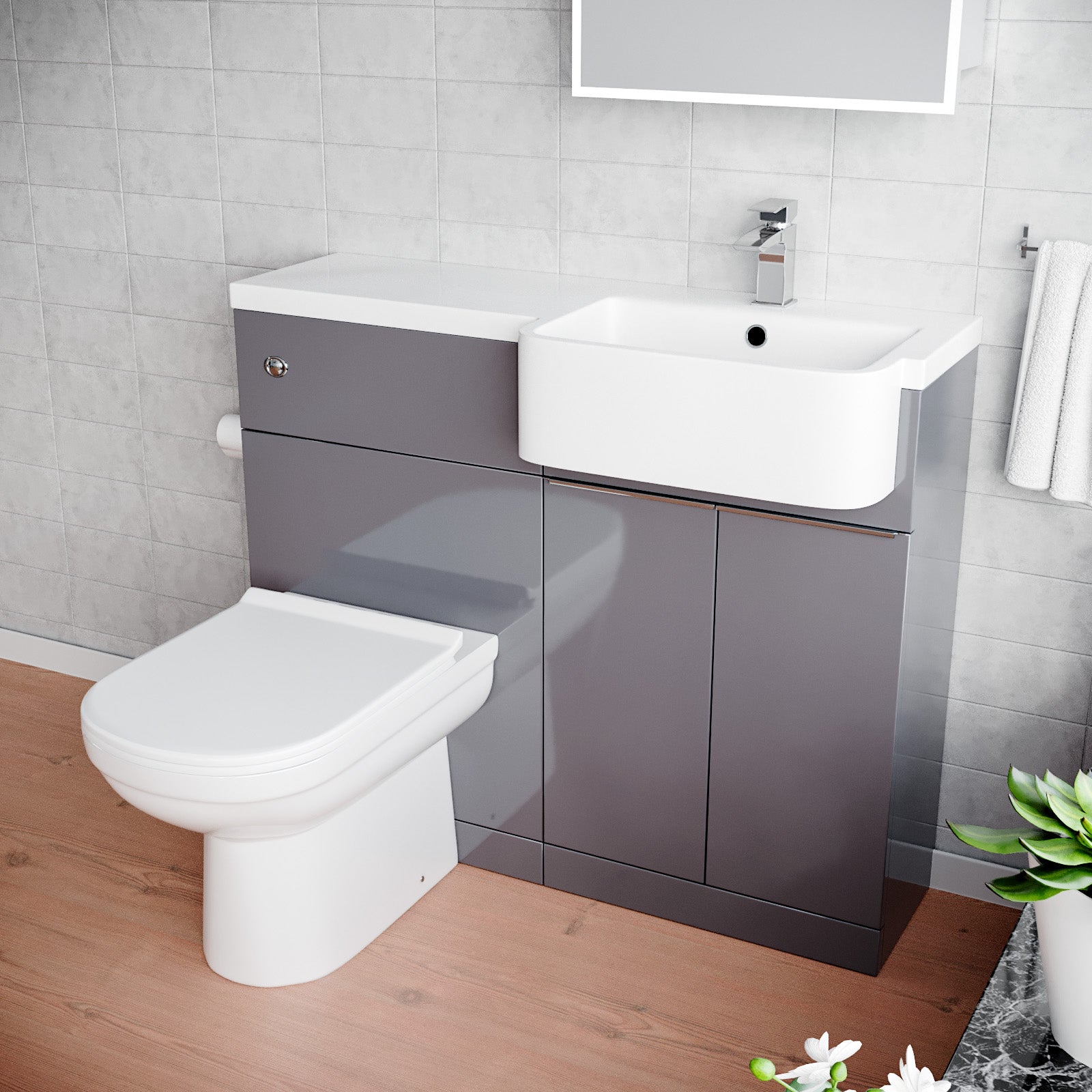 Haoran 1000mm Steel Grey Cabinet with Basin, WC Unit & Toilet with Chrome Handle