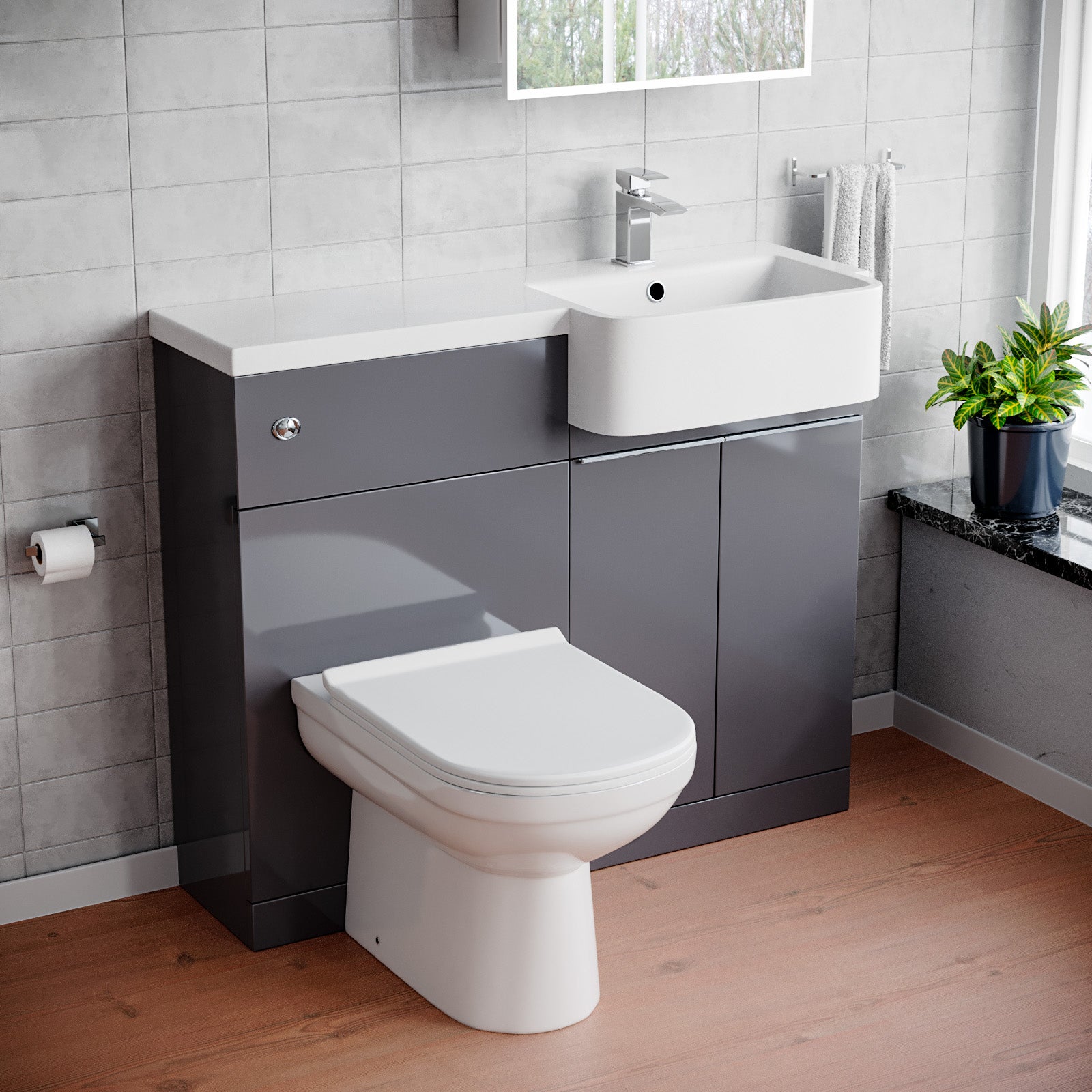 Haoran 1000mm Steel Grey Cabinet with Basin, WC Unit & Toilet with Chrome Handle