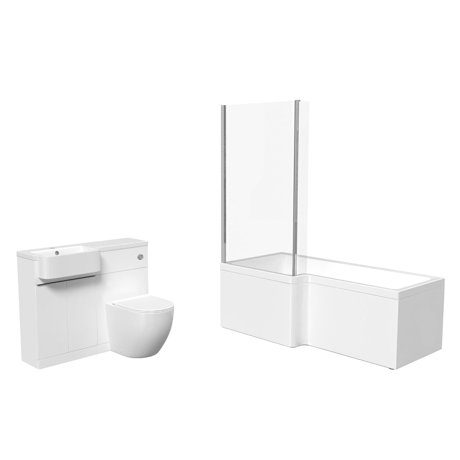 Haoran White L-Shaped LH 1700mm Shower Bath With Screen, Basin Vanity Unit With Black Handle & BTW Toilet Suite