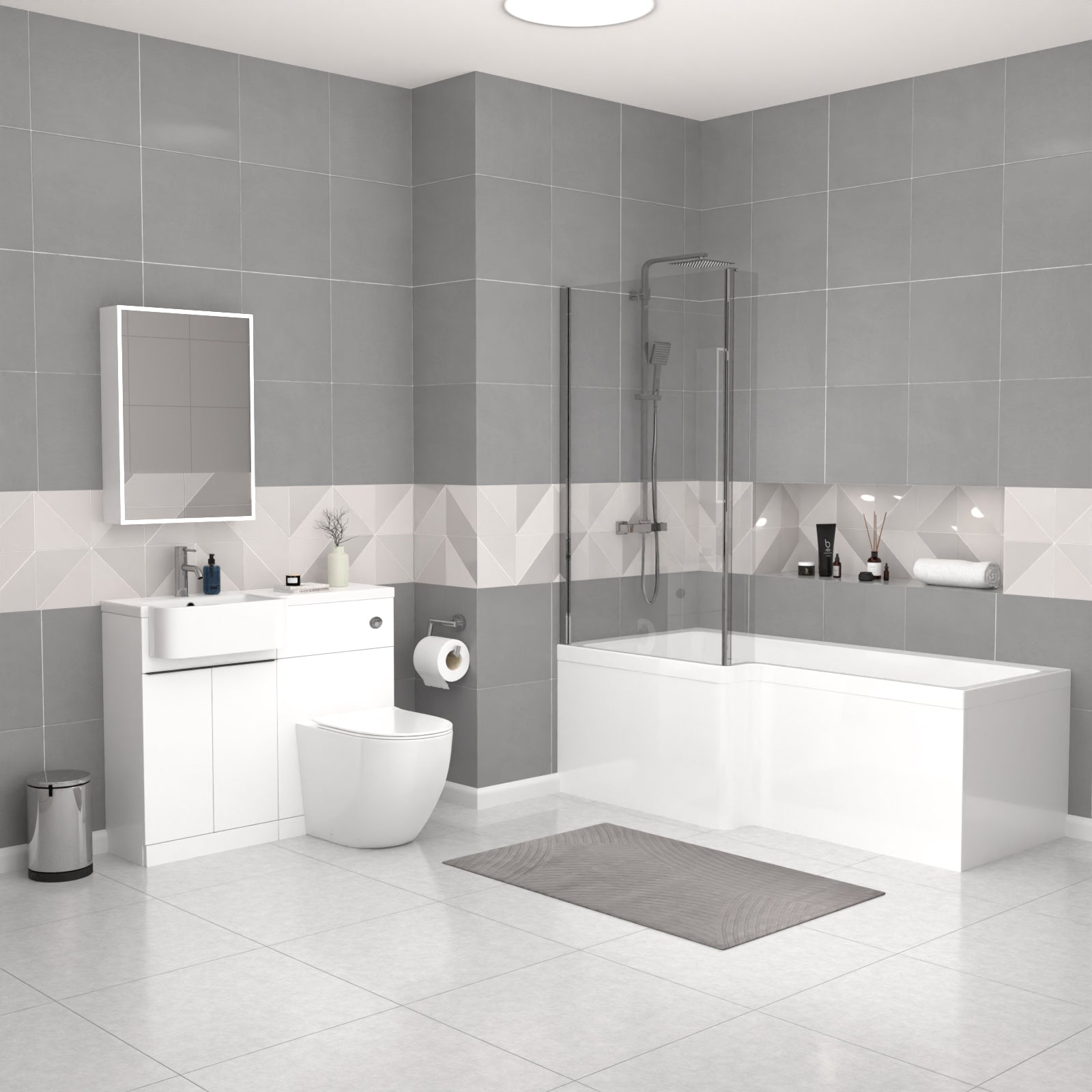 Bretford White L-Shaped LH 1700mm Shower Bath With Screen, Basin Vanity Unit With Black Handle & BTW Toilet Suite