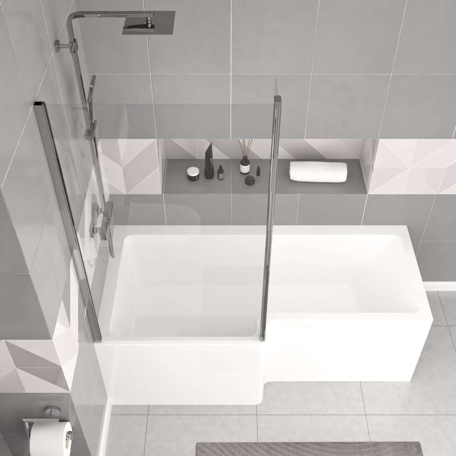 Bretford White L-Shaped LH 1700mm Shower Bath With Screen, Basin Vanity Unit With Handle & Round BTW Toilet Suite