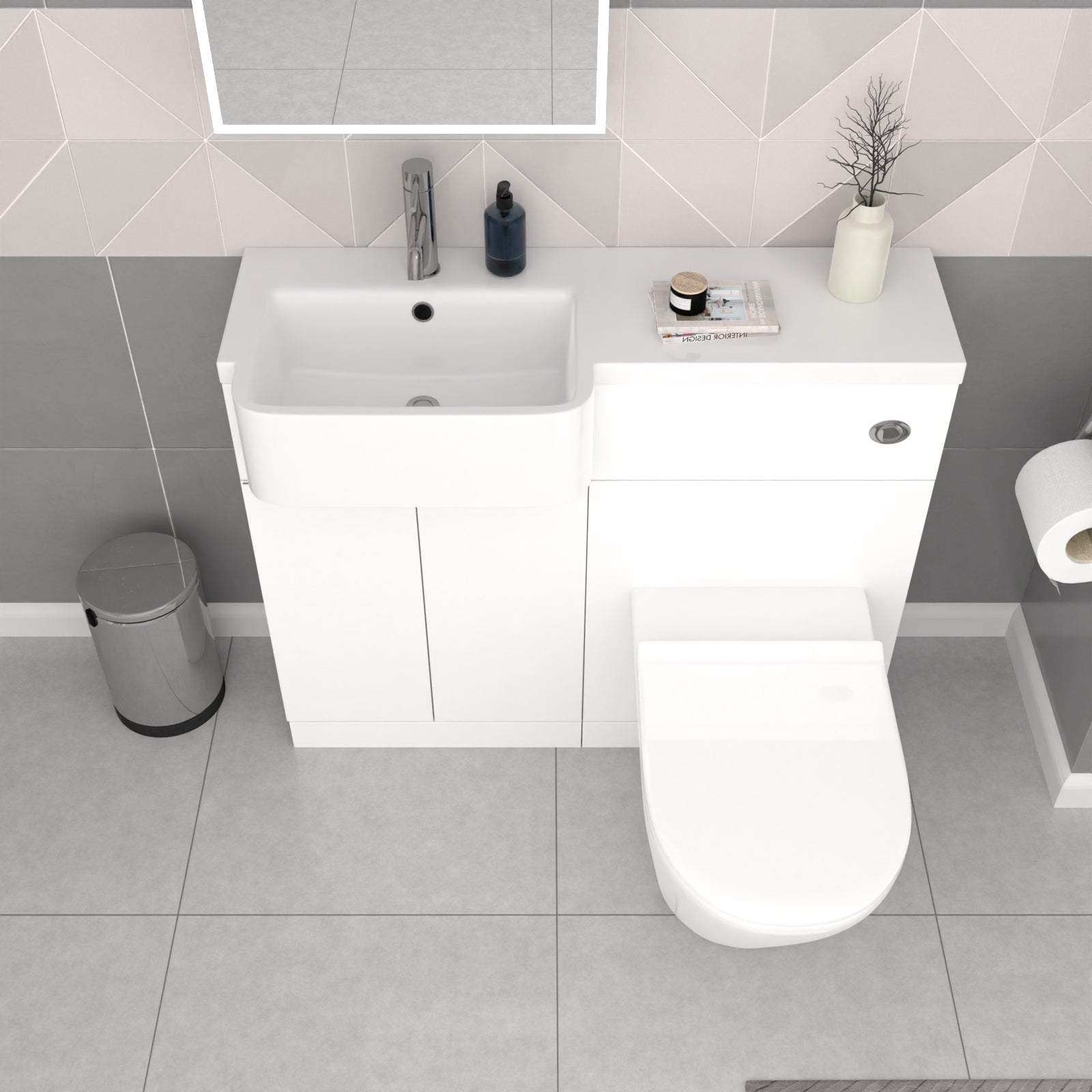 Bretford White L-Shaped LH 1700mm Shower Bath With Screen, Basin Vanity Unit With Handle & Round BTW Toilet Suite