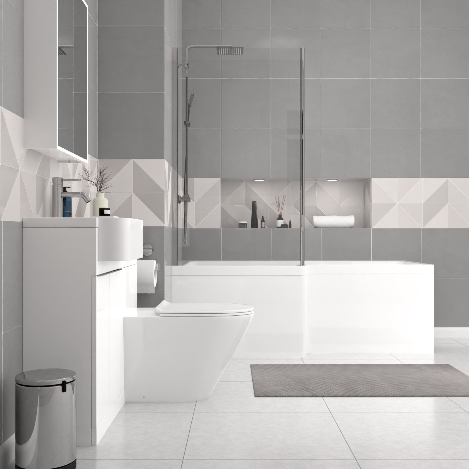 Bretford White L-Shaped LH 1700mm Shower Bath With Screen, Basin Vanity Unit With Handle & Round BTW Toilet Suite