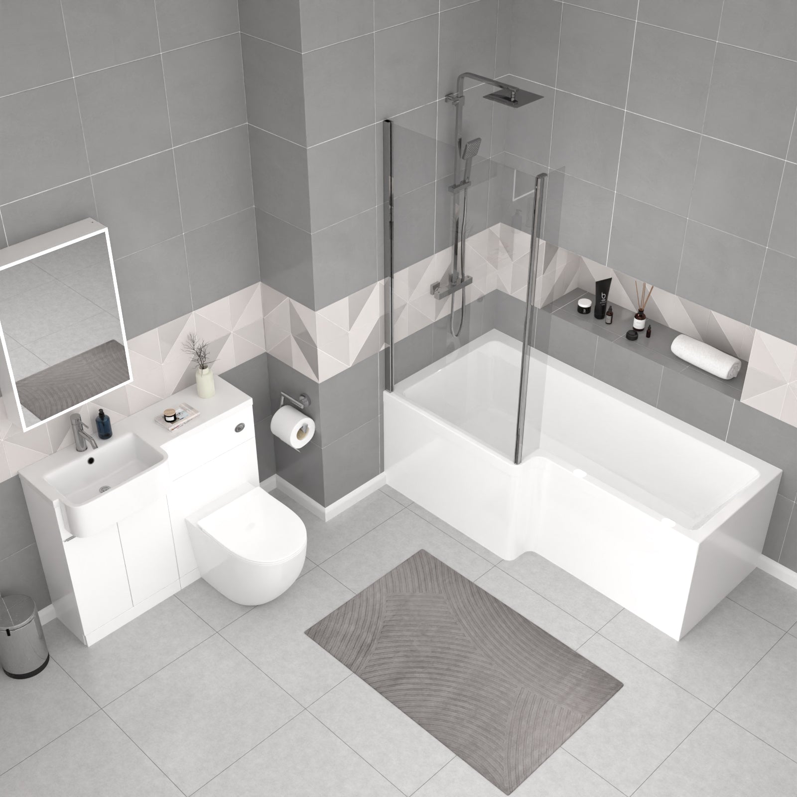 Bretford White L-Shaped LH 1700mm Shower Bath With Screen, Basin Vanity Unit With Handle & BTW Toilet Suite