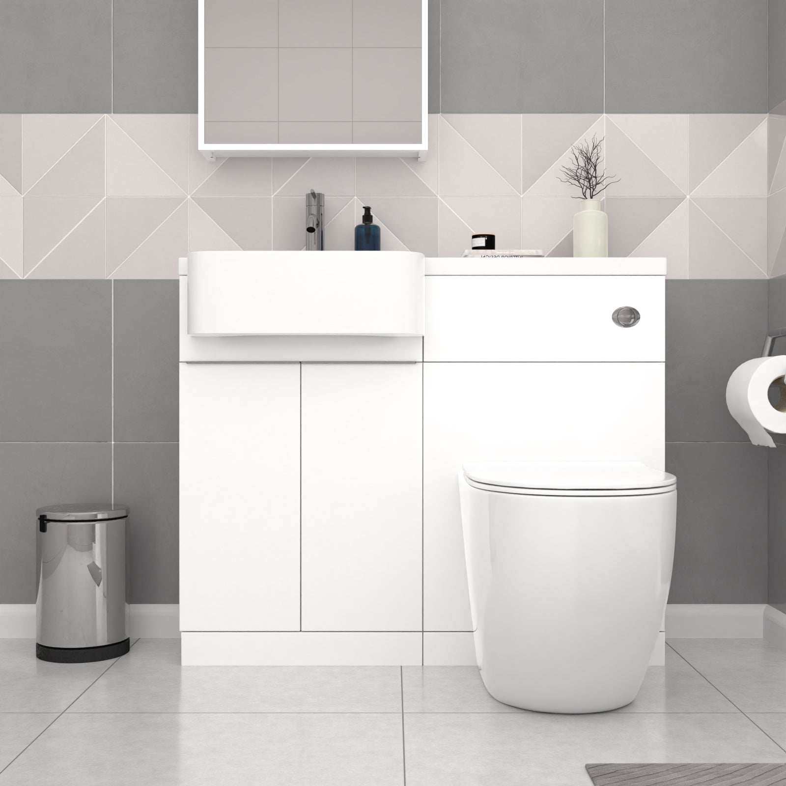 Bretford White L-Shaped LH 1700mm Shower Bath With Screen, Basin Vanity Unit With Handle & BTW Toilet Suite