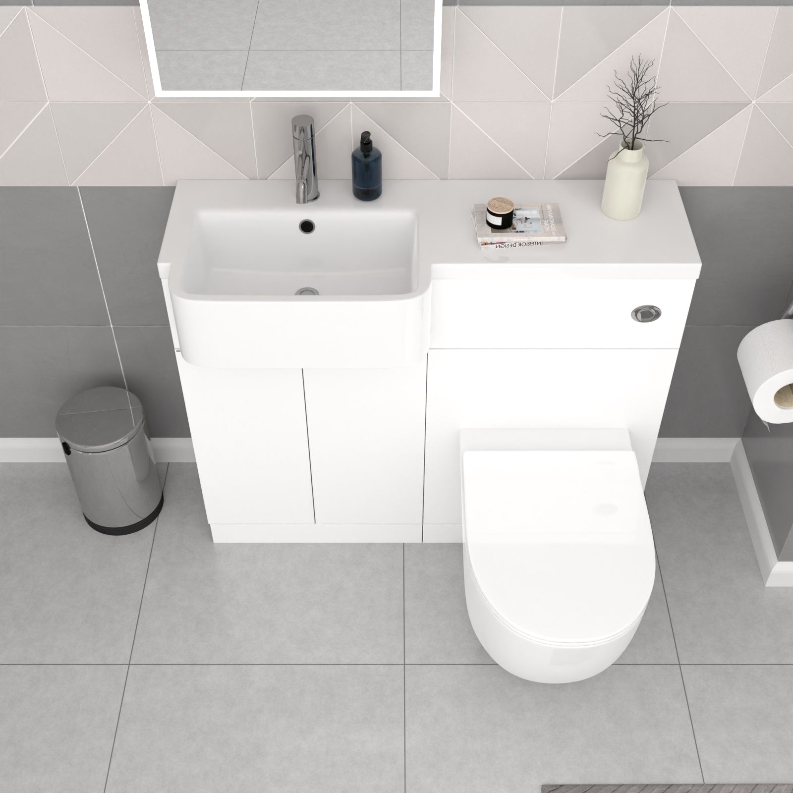 Bretford White L-Shaped LH 1700mm Shower Bath With Screen, Basin Vanity Unit With Handle & BTW Toilet Suite