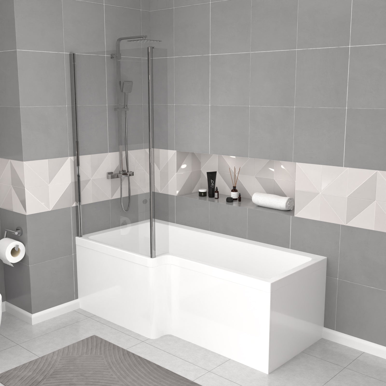 Bretford White L-Shaped LH 1700mm Shower Bath With Screen, Basin Vanity Unit With Handle & BTW Toilet Suite
