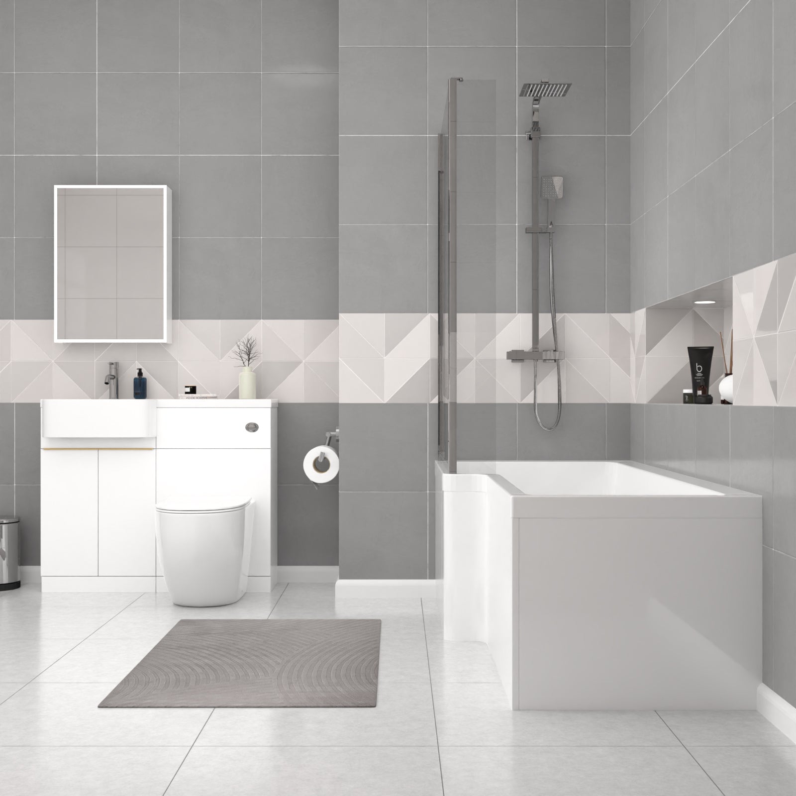 Bretford White L-Shaped LH 1700mm Shower Bath With Screen, Basin Vanity Unit With Brass Handle & BTW Toilet Suite