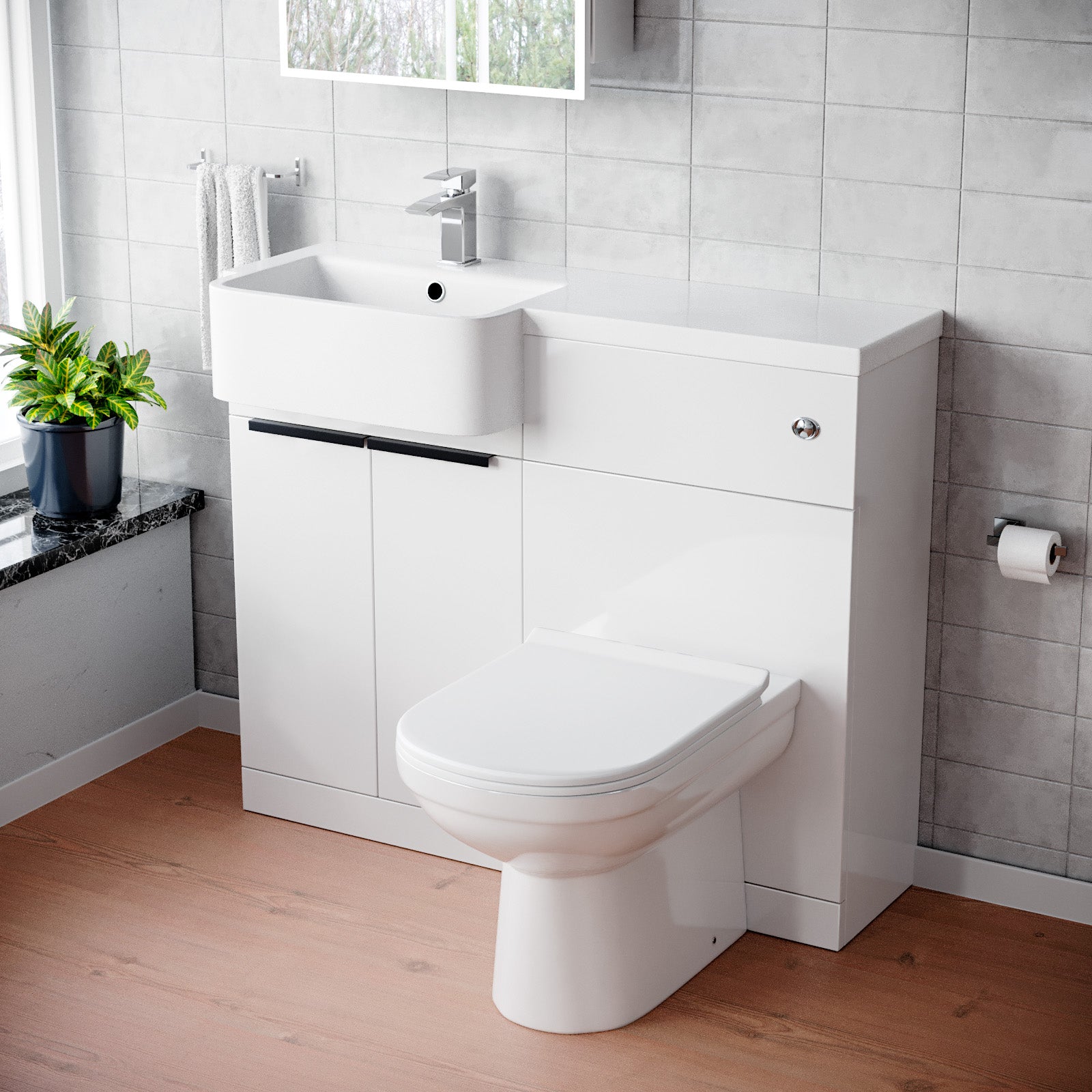 Haoran Freestanding Basin Vanity Unit With Black Handles, WC Unit & Toilet