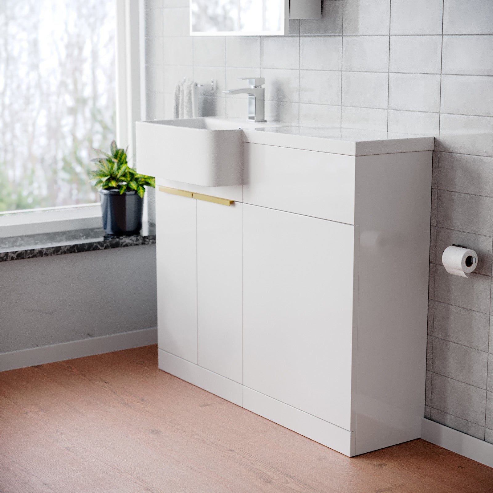 Haoran Freestanding Basin Vanity Unit With Brushed Brass Handle & WC Unit