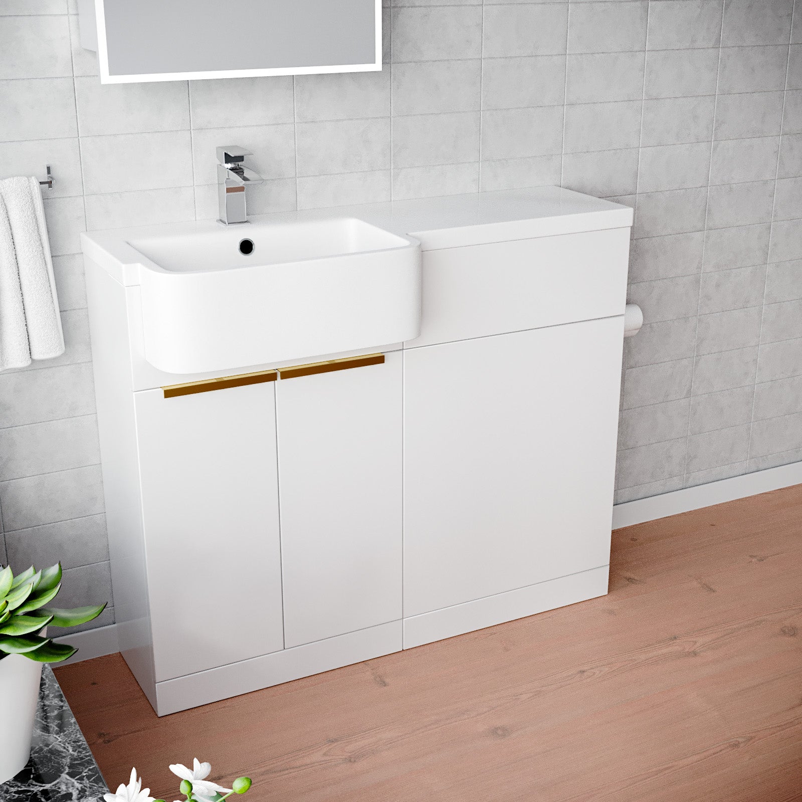 Haoran Freestanding Basin Vanity Unit With Brushed Brass Handle & WC Unit