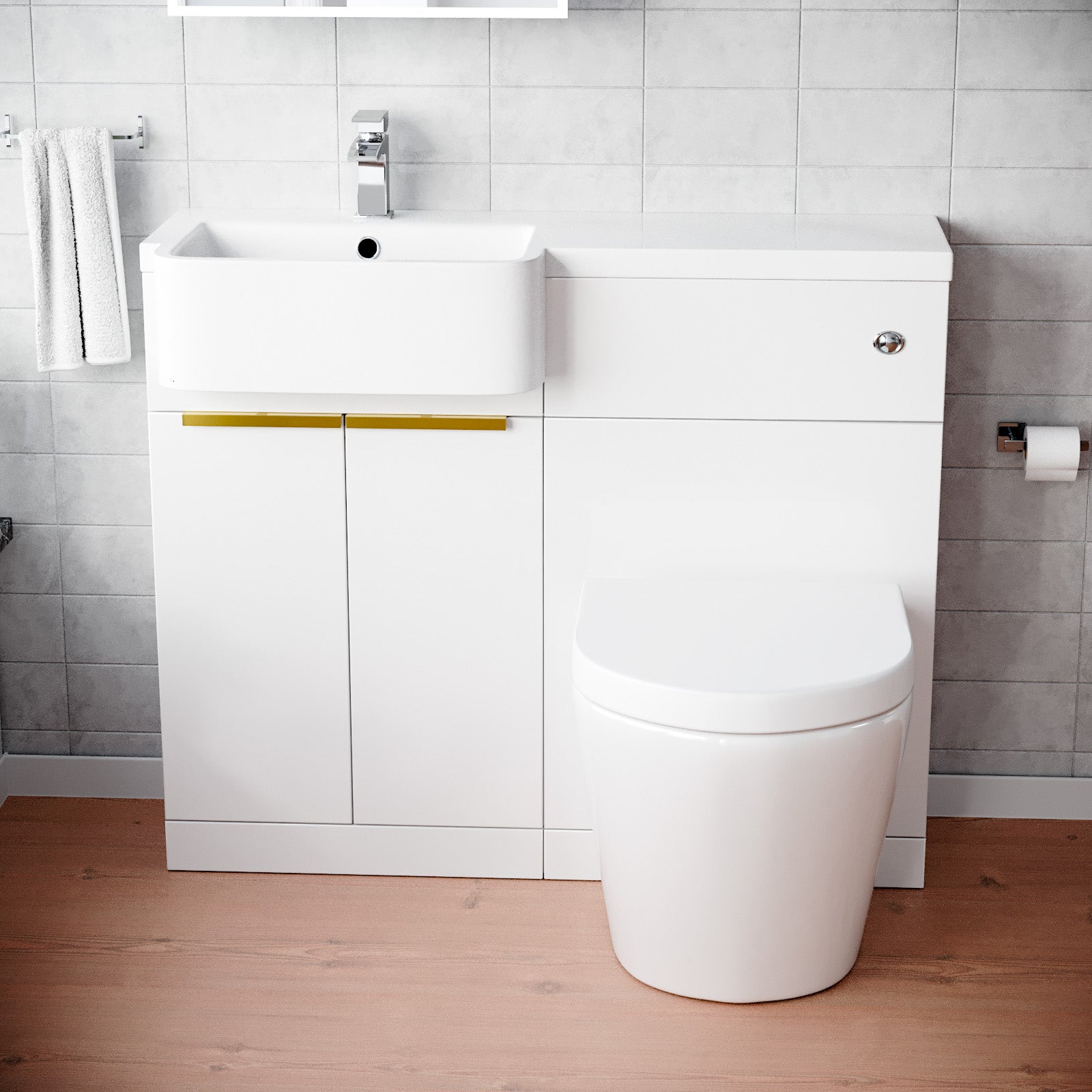 Haoran Basin Vanity Unit, Brushed Brass Handle, WC Unit & Rimless Toilet