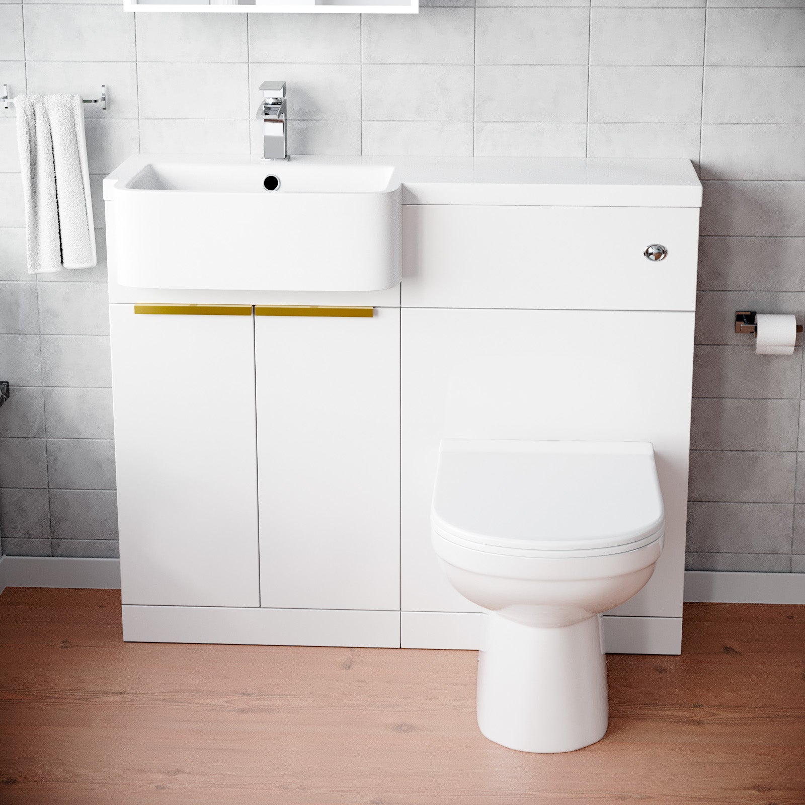 Haoran Basin Vanity Unit With Brushed Brass Handle, WC Unit & Toilet