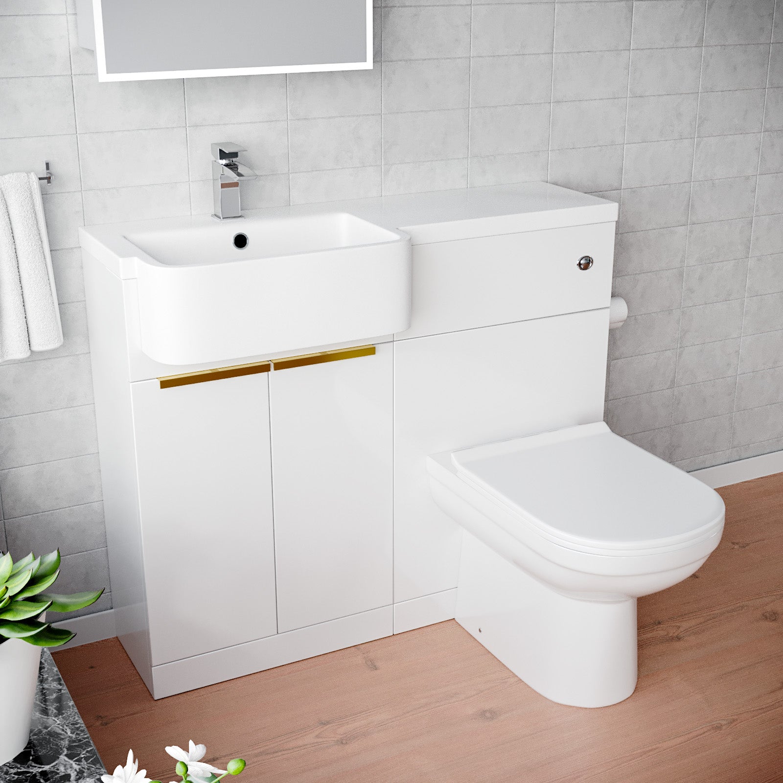 Haoran Basin Vanity Unit With Brushed Brass Handle, WC Unit & Toilet