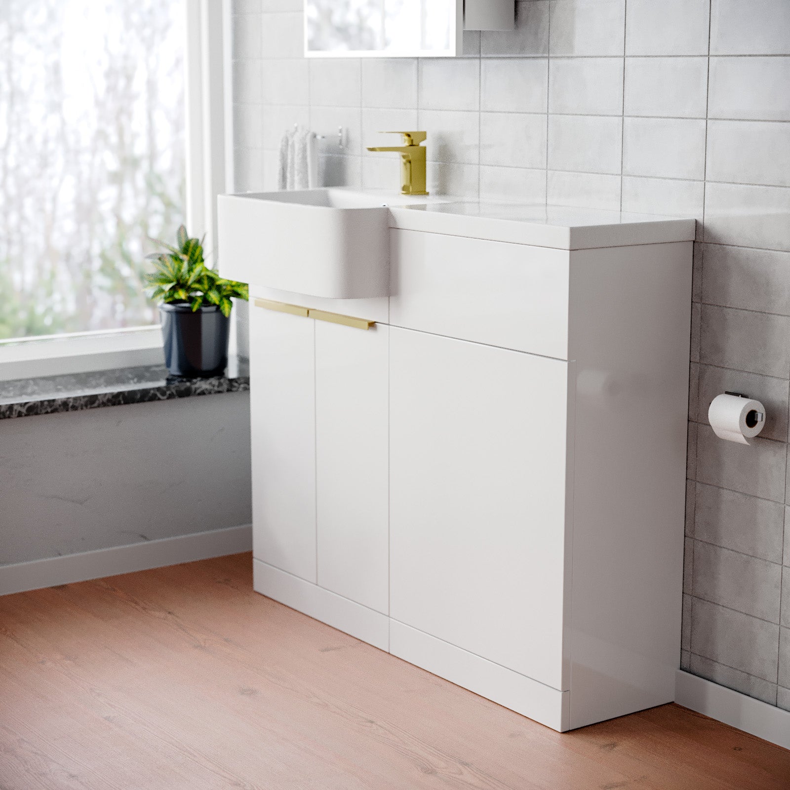 Haoran Brushed Brass Handle Basin Vanity Unit With Tap & WC Unit