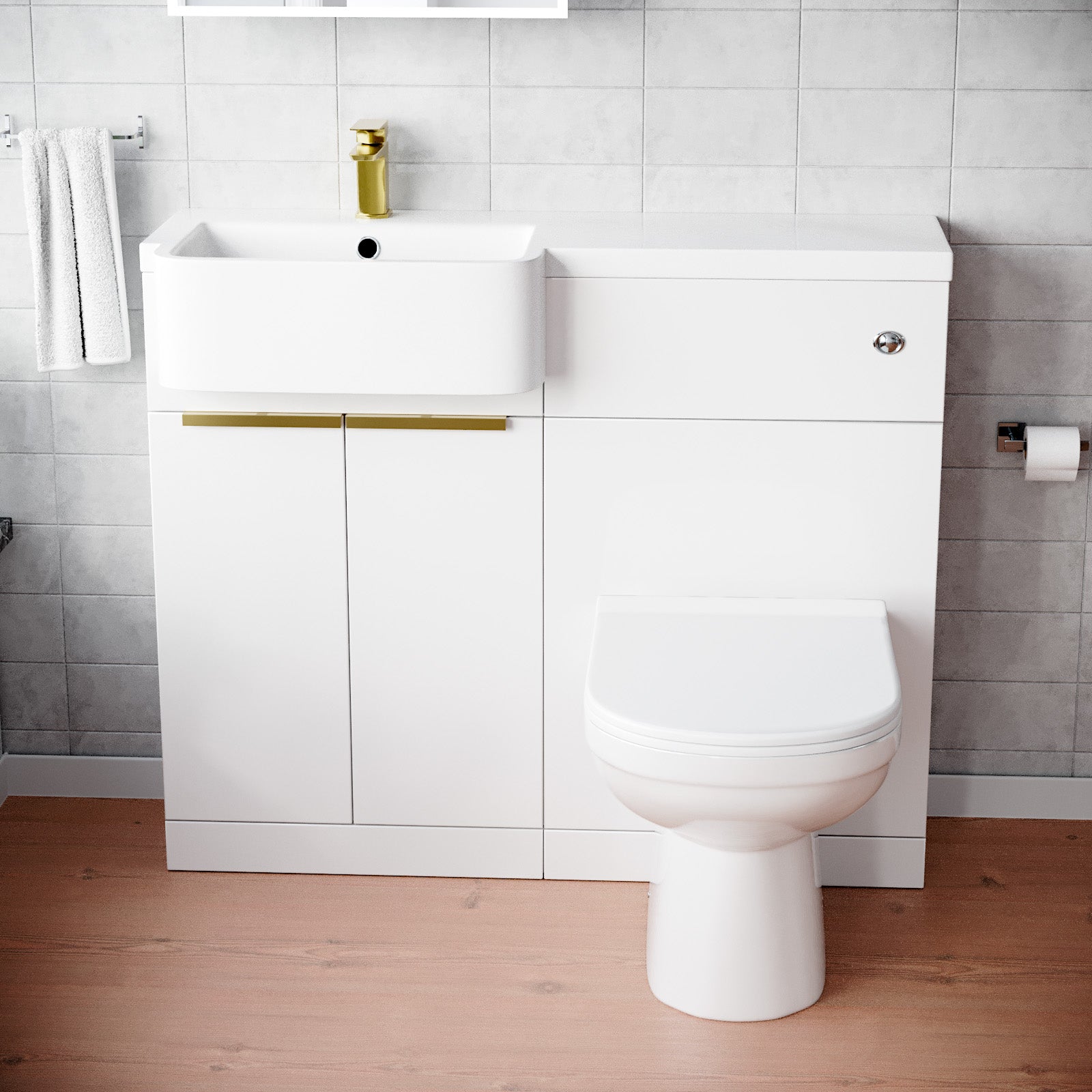 Bretford Basin Vanity Unit With Brushed Brass Handles, WC Unit, Tap & Toilet