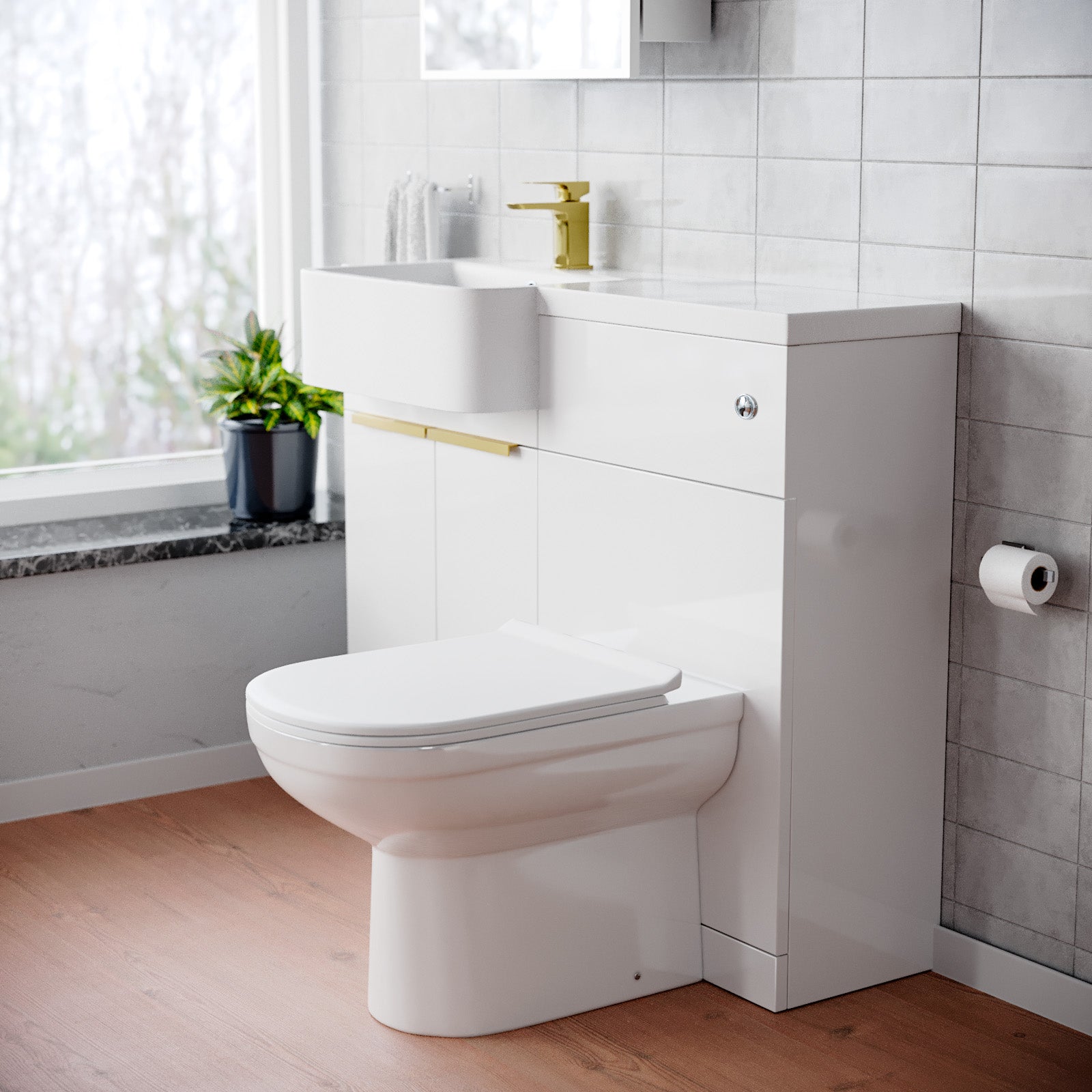 Bretford Basin Vanity Unit With Brushed Brass Handles, WC Unit, Tap & Toilet