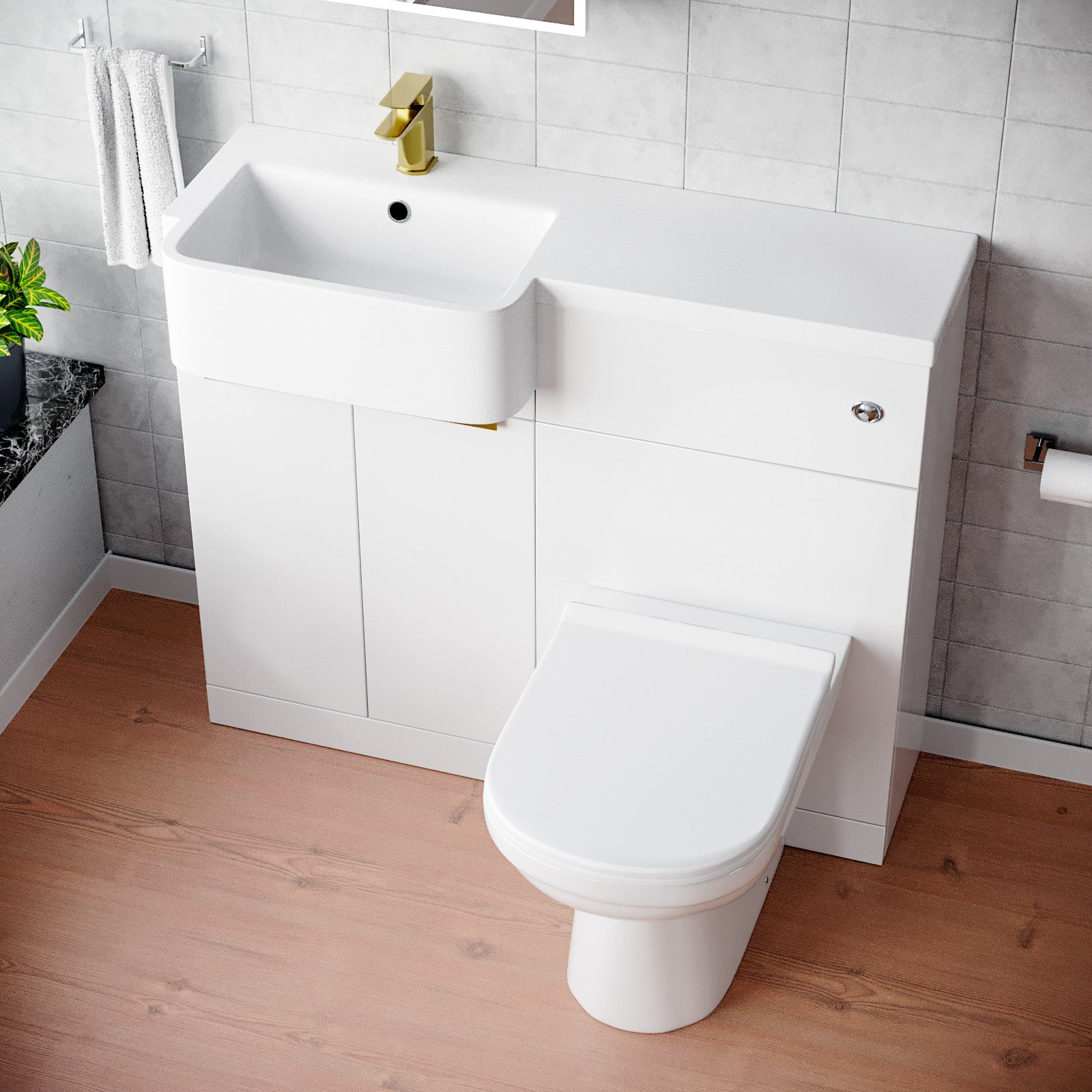 Bretford Basin Vanity Unit With Brushed Brass Handles, WC Unit, Tap & Toilet