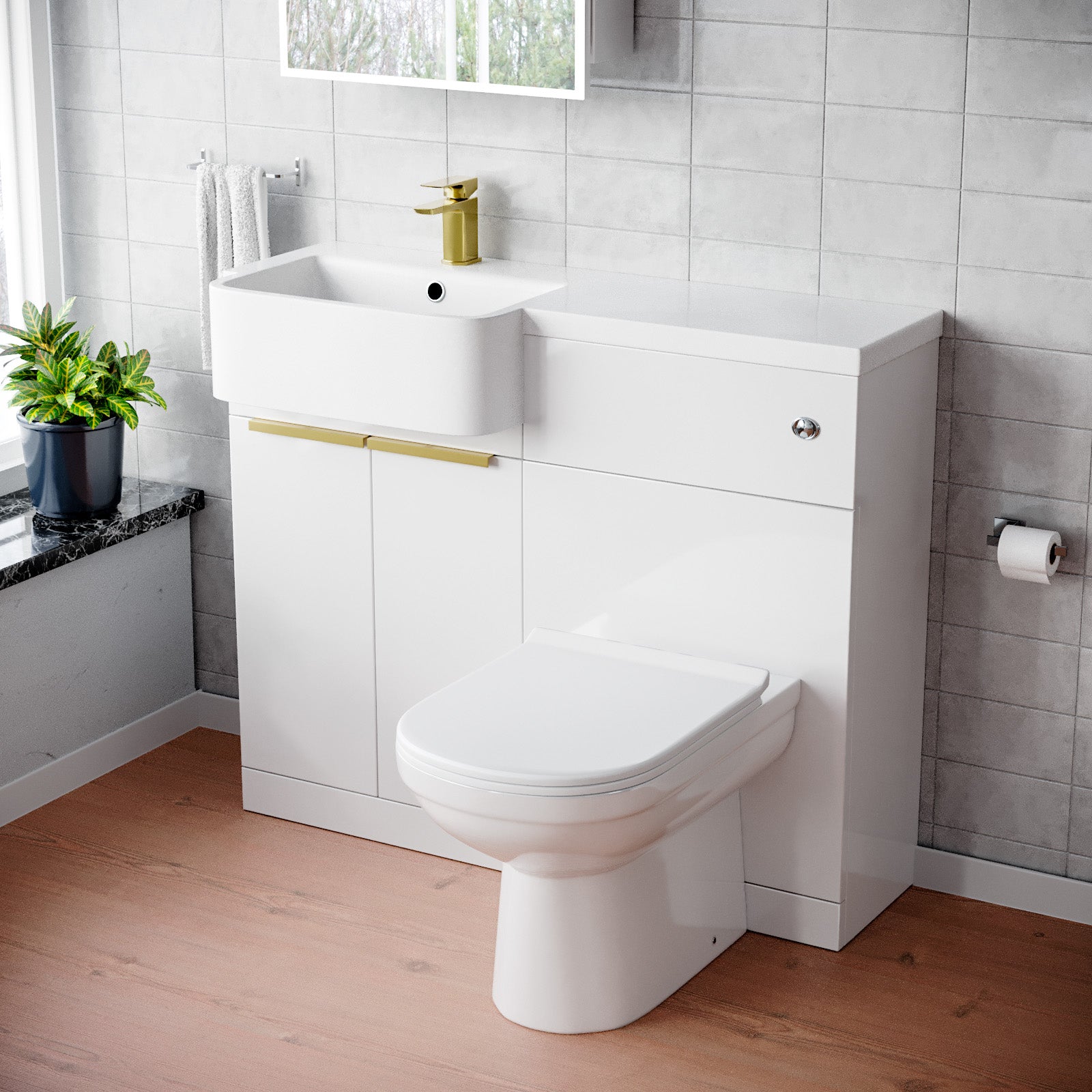 Bretford Basin Vanity Unit With Brushed Brass Handles, WC Unit, Tap & Toilet