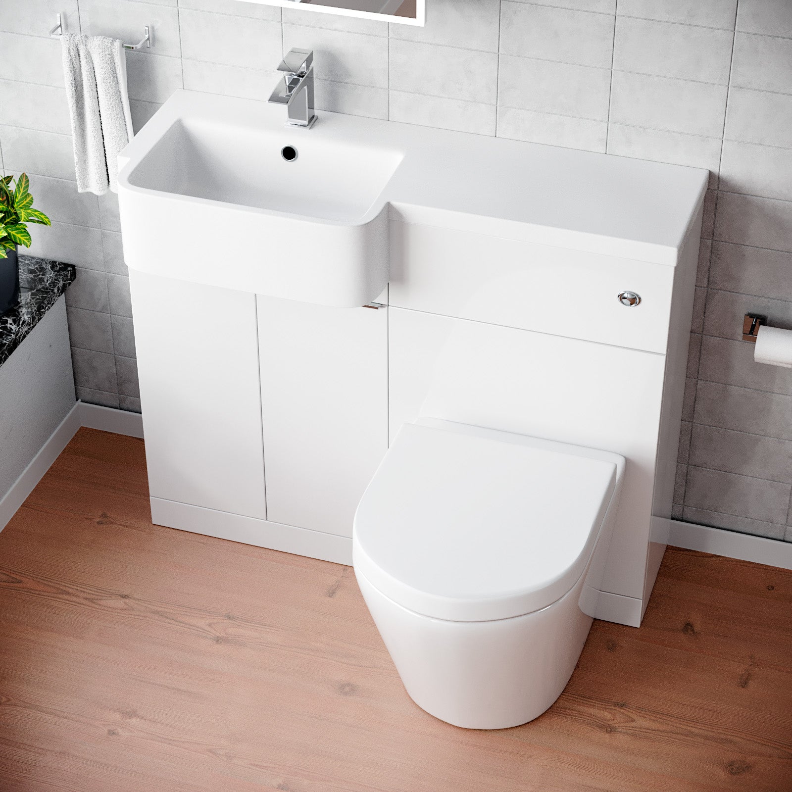 Haoran 1000mm Freestanding Cabinet White with Basin, WC Unit & Toilet