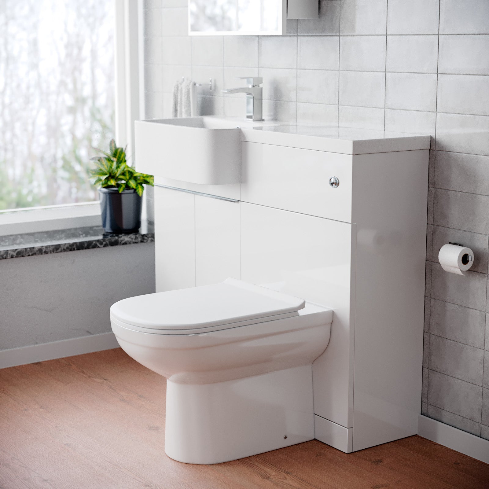 Haoran 1000mm White Cabinet with Basin, WC Unit & Toilet & Chrome Handle