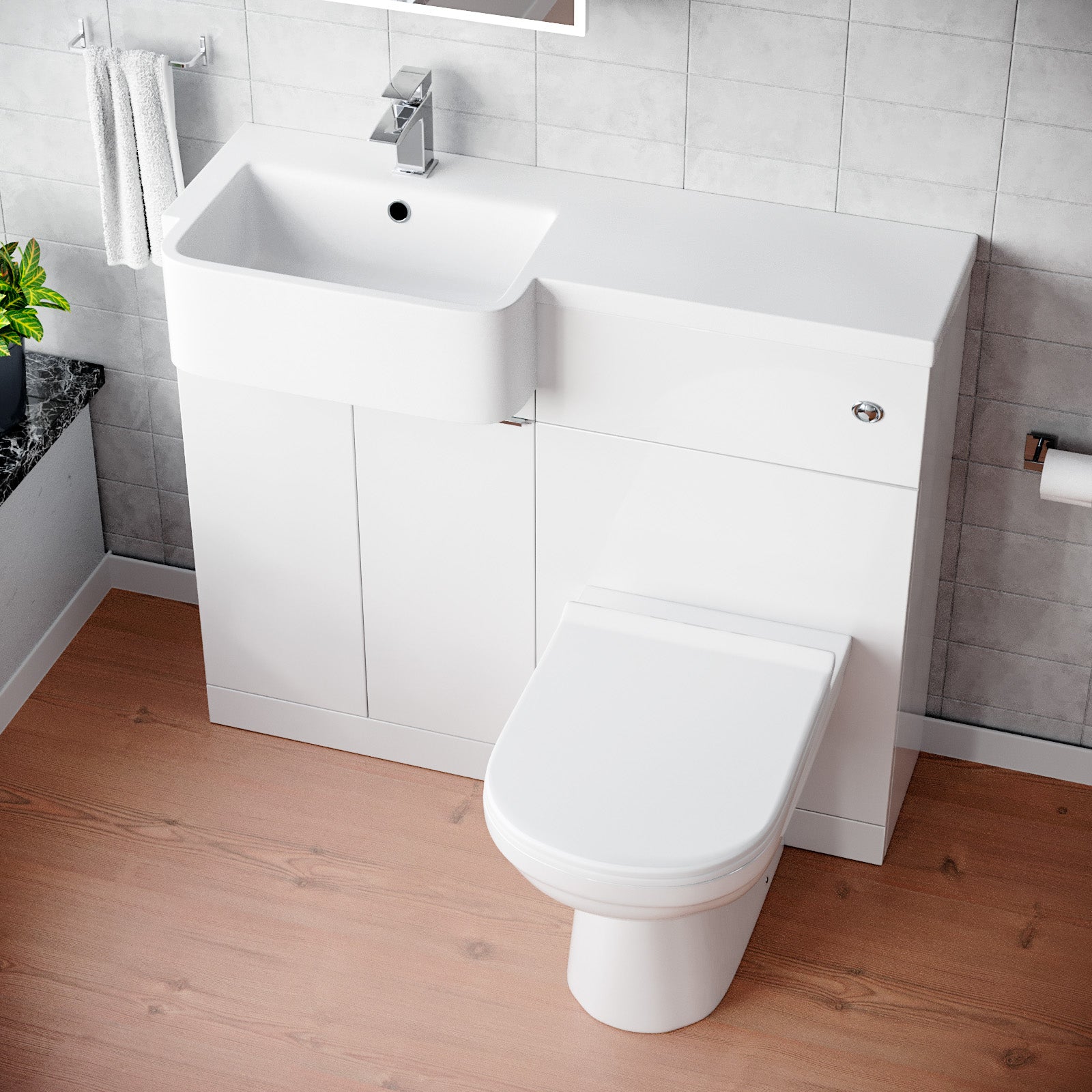 Haoran 1000mm White Cabinet with Basin, WC Unit & Toilet & Chrome Handle