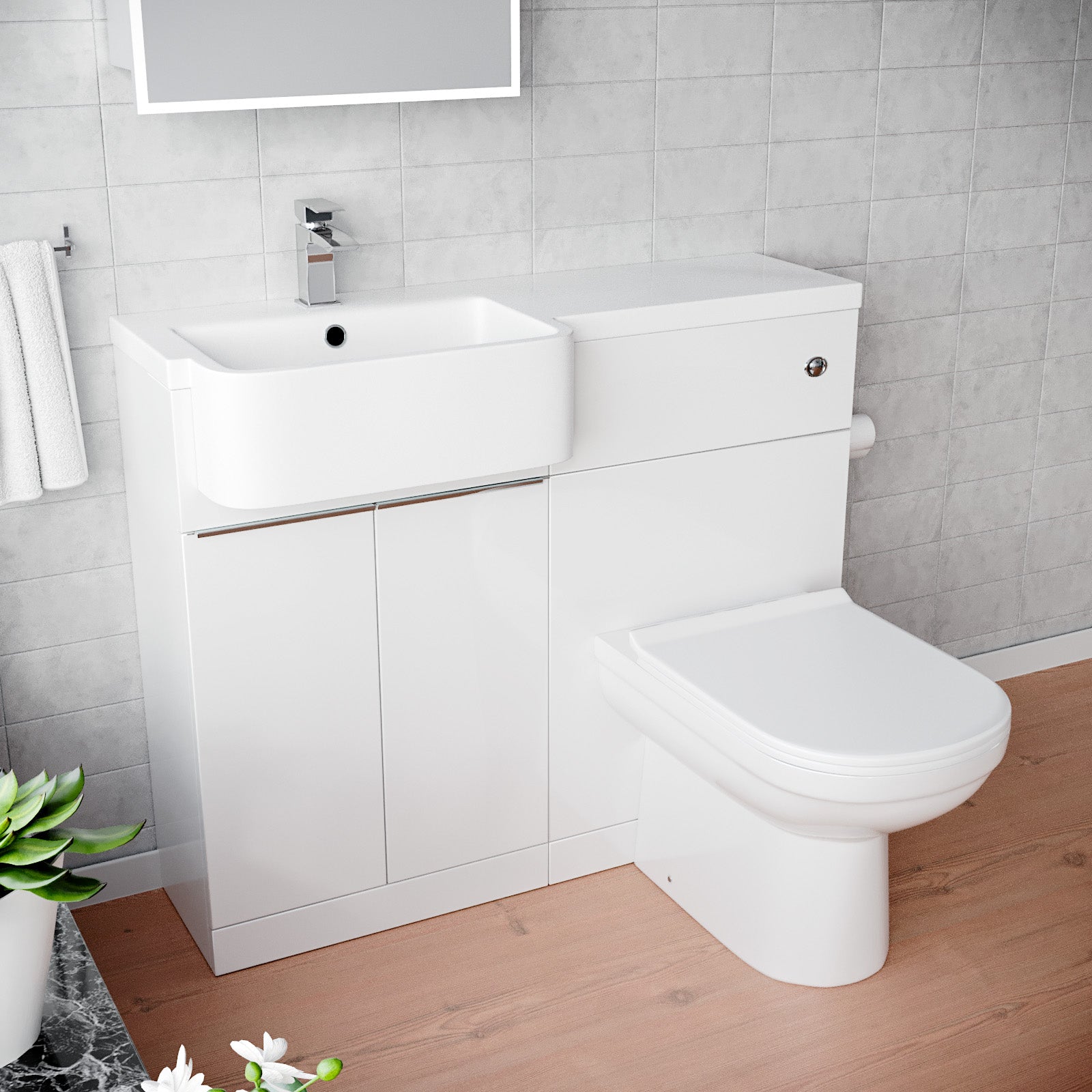 Haoran 1000mm White Cabinet with Basin, WC Unit & Toilet & Chrome Handle