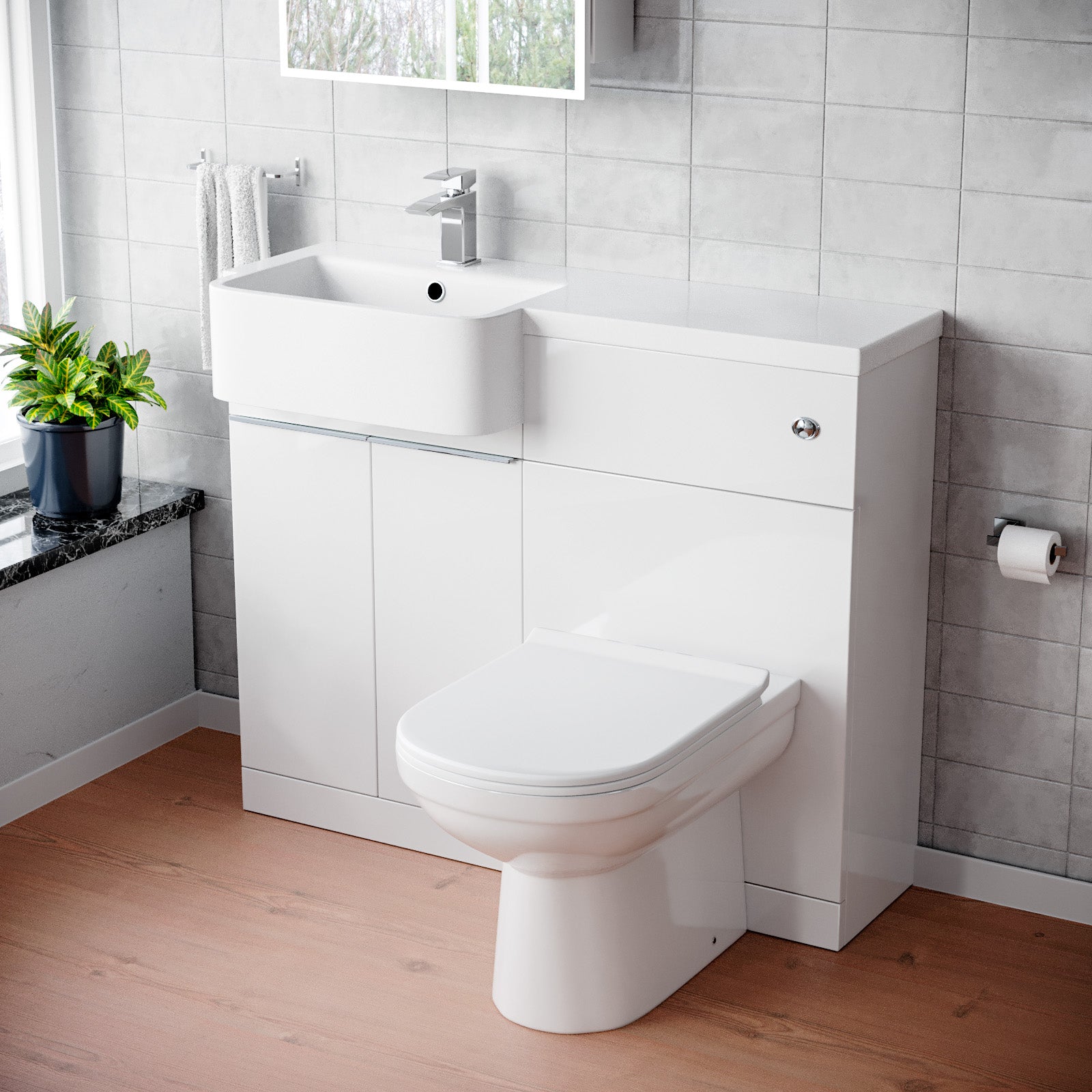 Haoran 1000mm White Cabinet with Basin, WC Unit & Toilet & Chrome Handle