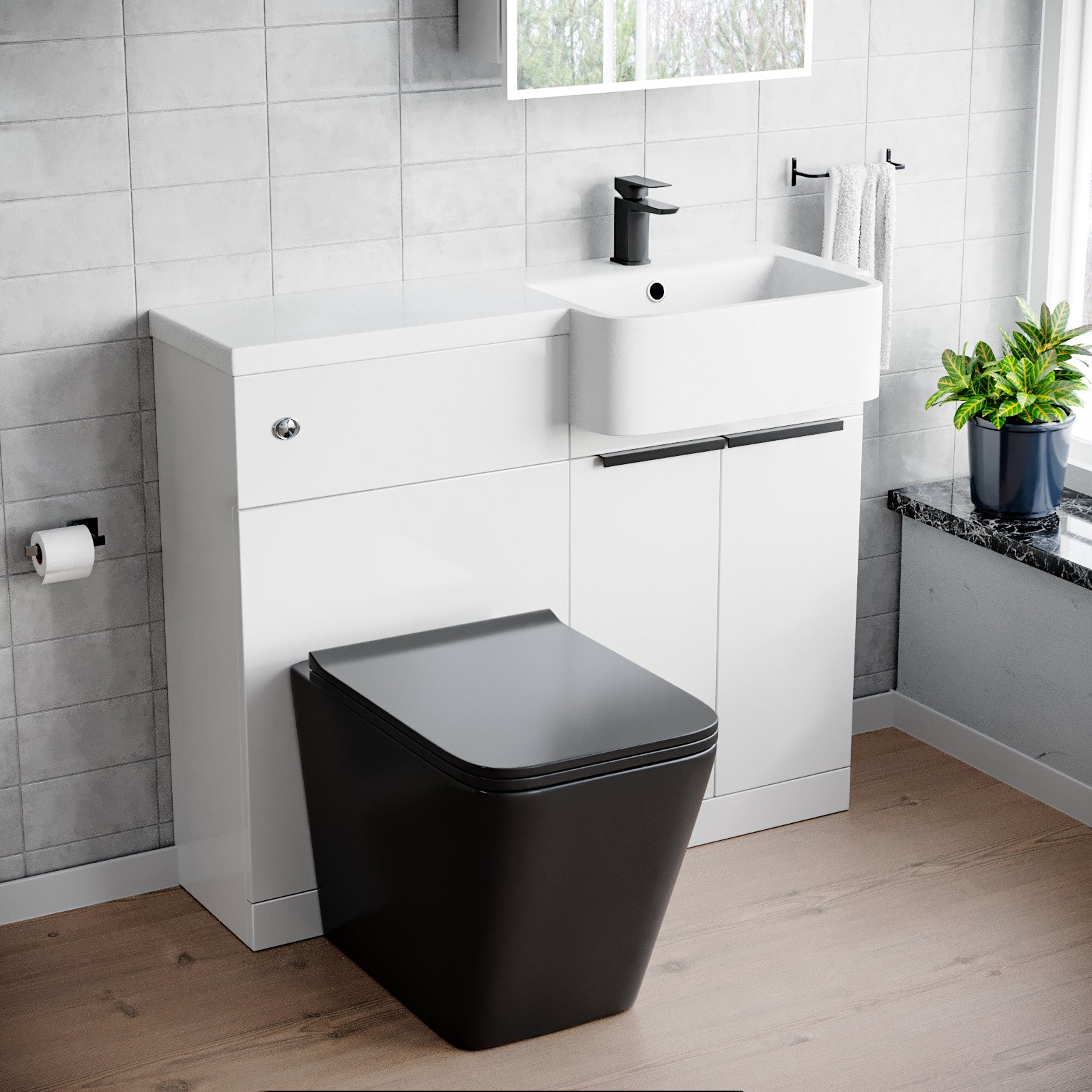 1000mm RH Basin Vanity Black Handles, WC Unit & Square Black BTW Toilet