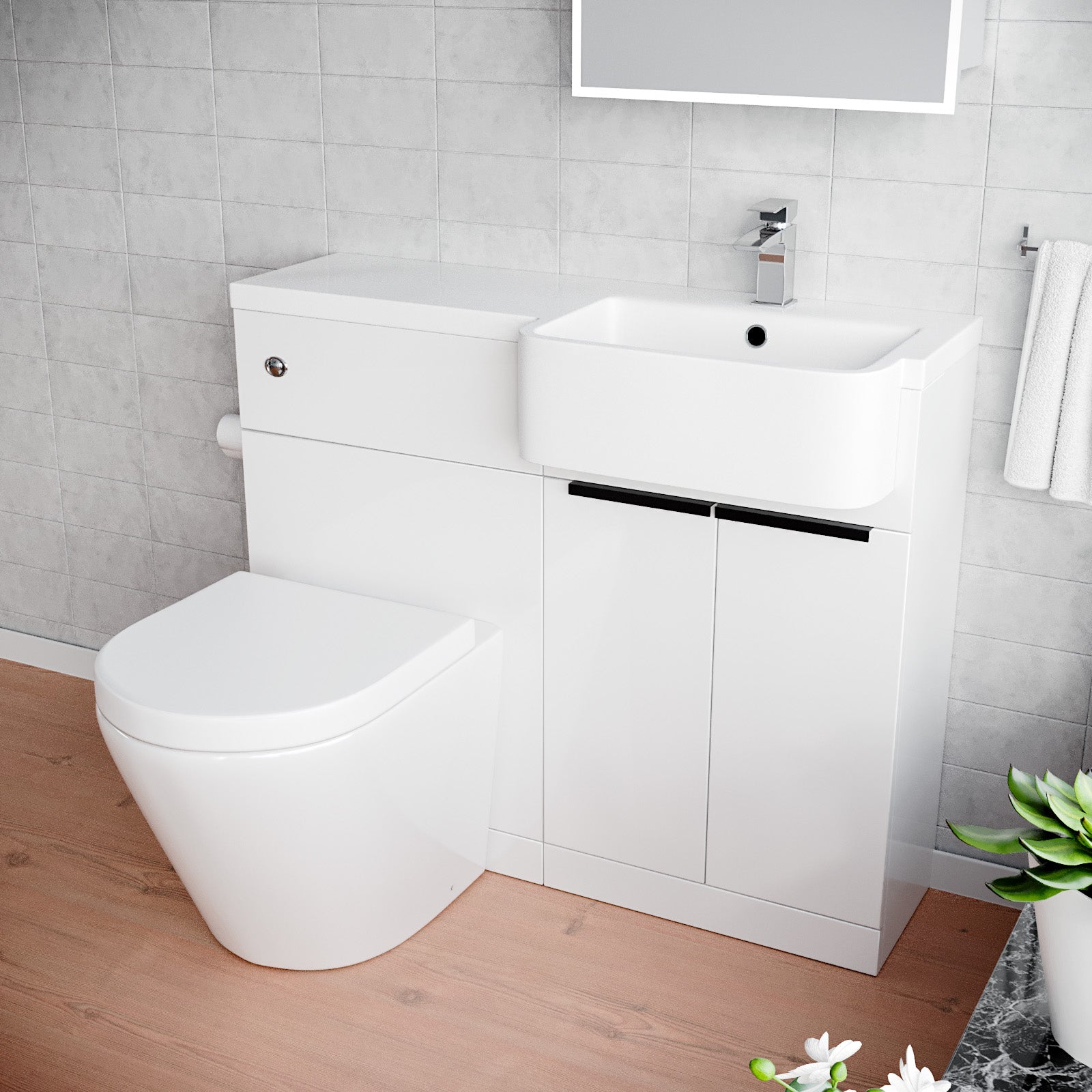 Hurley RH Basin Vanity Unit With Black Handles WC Unit & Rimless Toilet