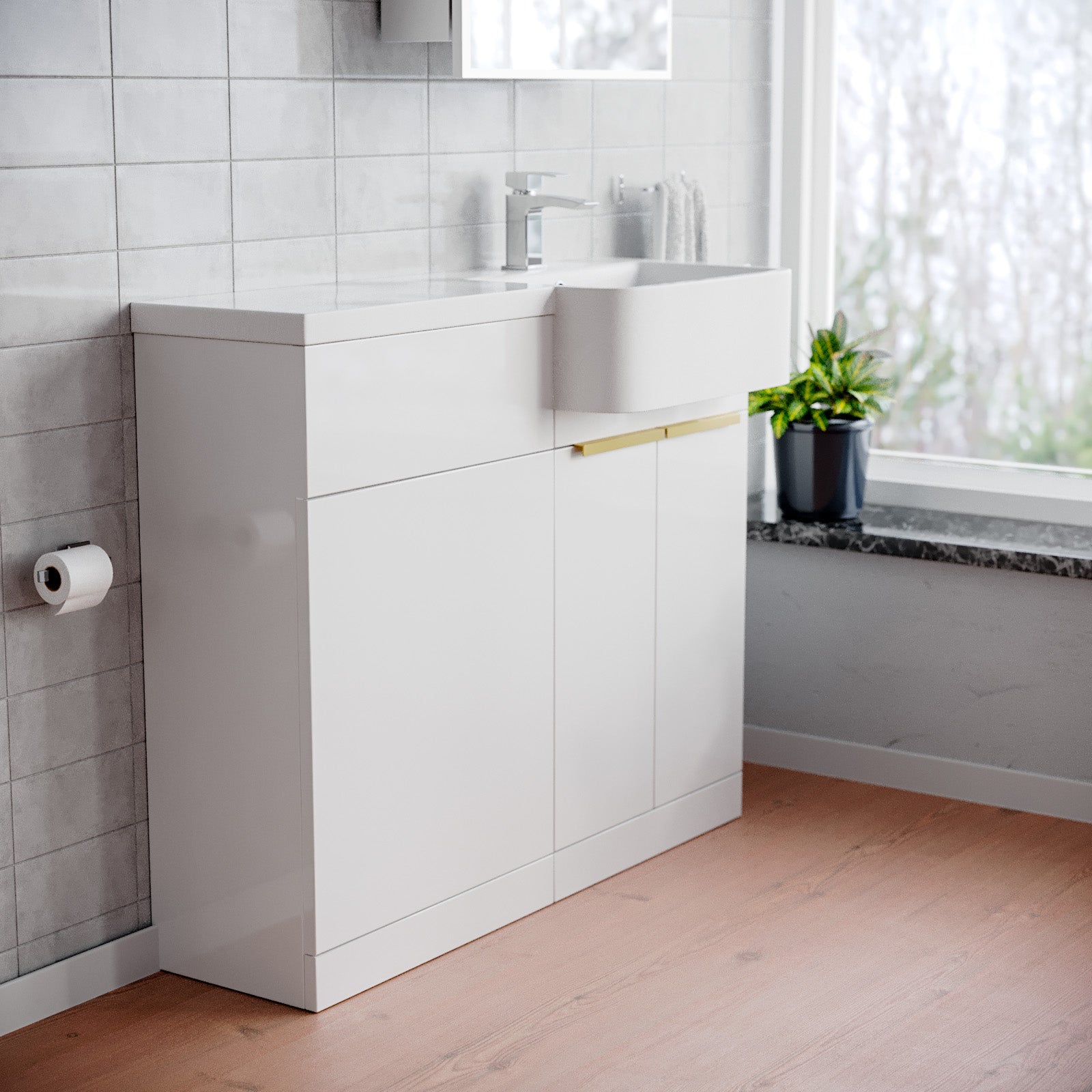 Haoran Freestanding Basin Vanity Unit With Brushed Brass Handle & WC Unit