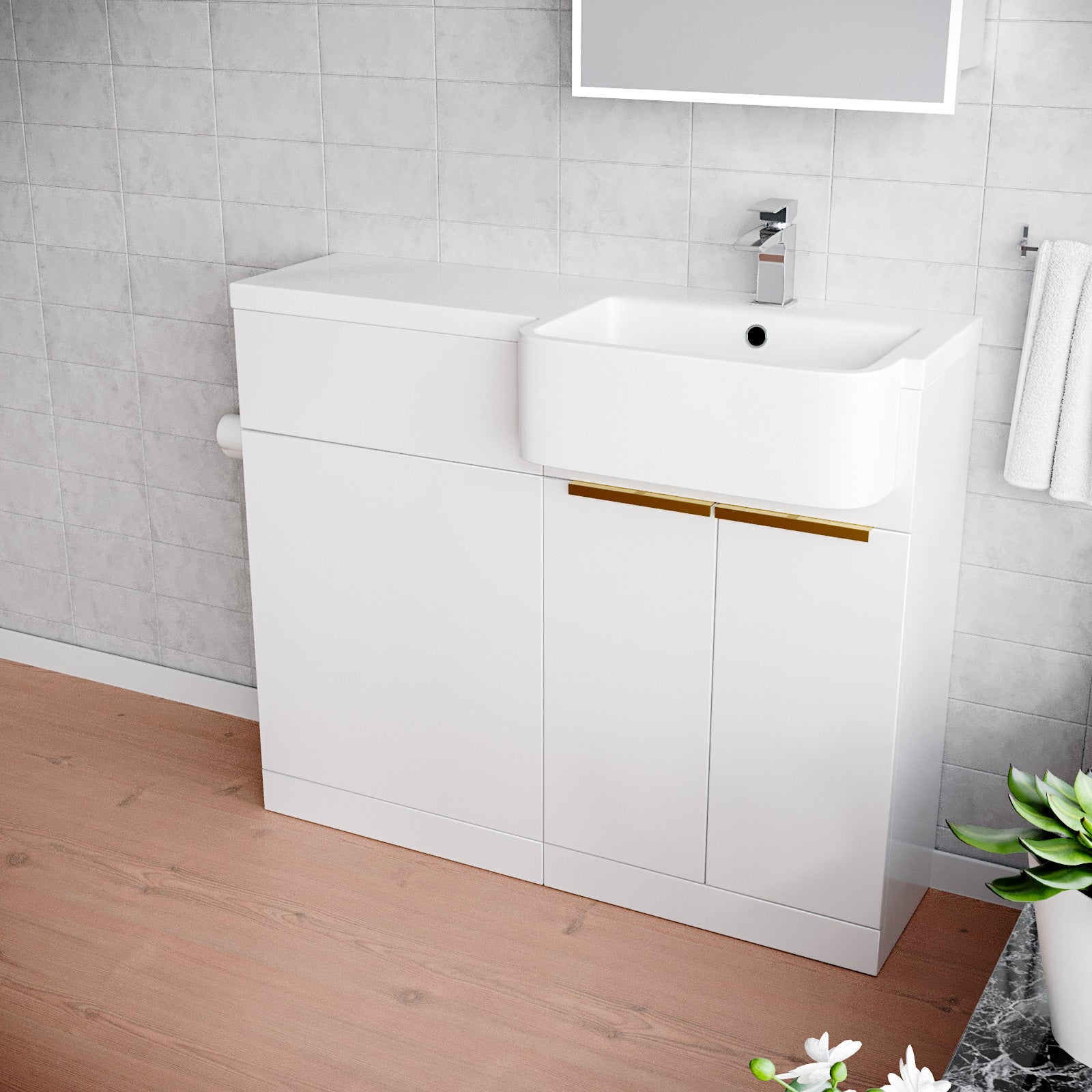 Haoran Freestanding Basin Vanity Unit With Brushed Brass Handle & WC Unit