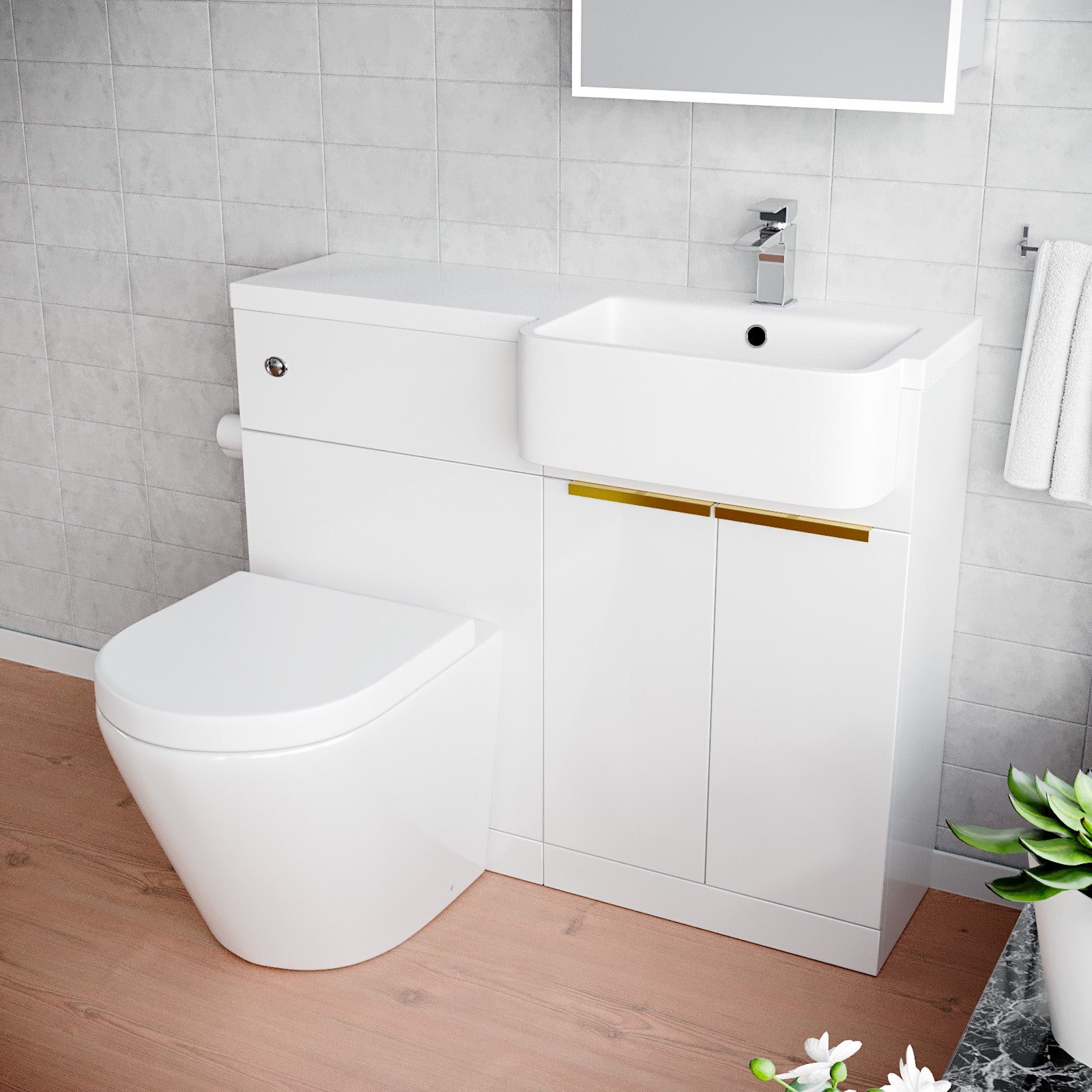 Hurley Right Hand Basin Vanity Unit, Brushed Brass Handles, WC Unit & Rimless Toilet