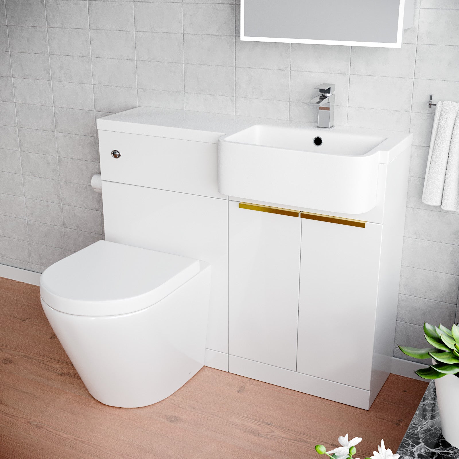 Haoran Basin Vanity Unit, Brushed Brass Handle, WC Unit & Rimless Toilet