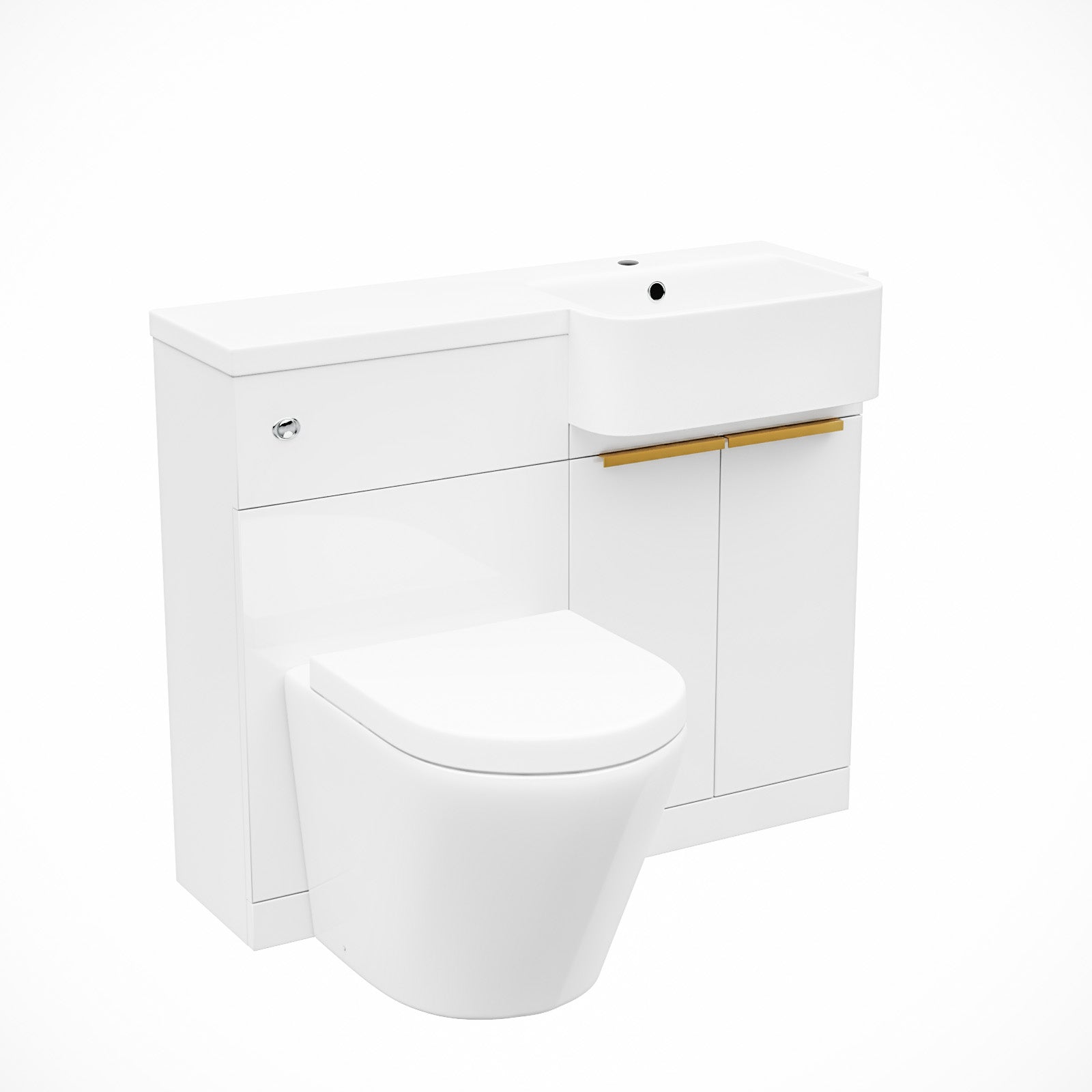 Hurley Right Hand Basin Vanity Unit, Brushed Brass Handles, WC Unit & Rimless Toilet