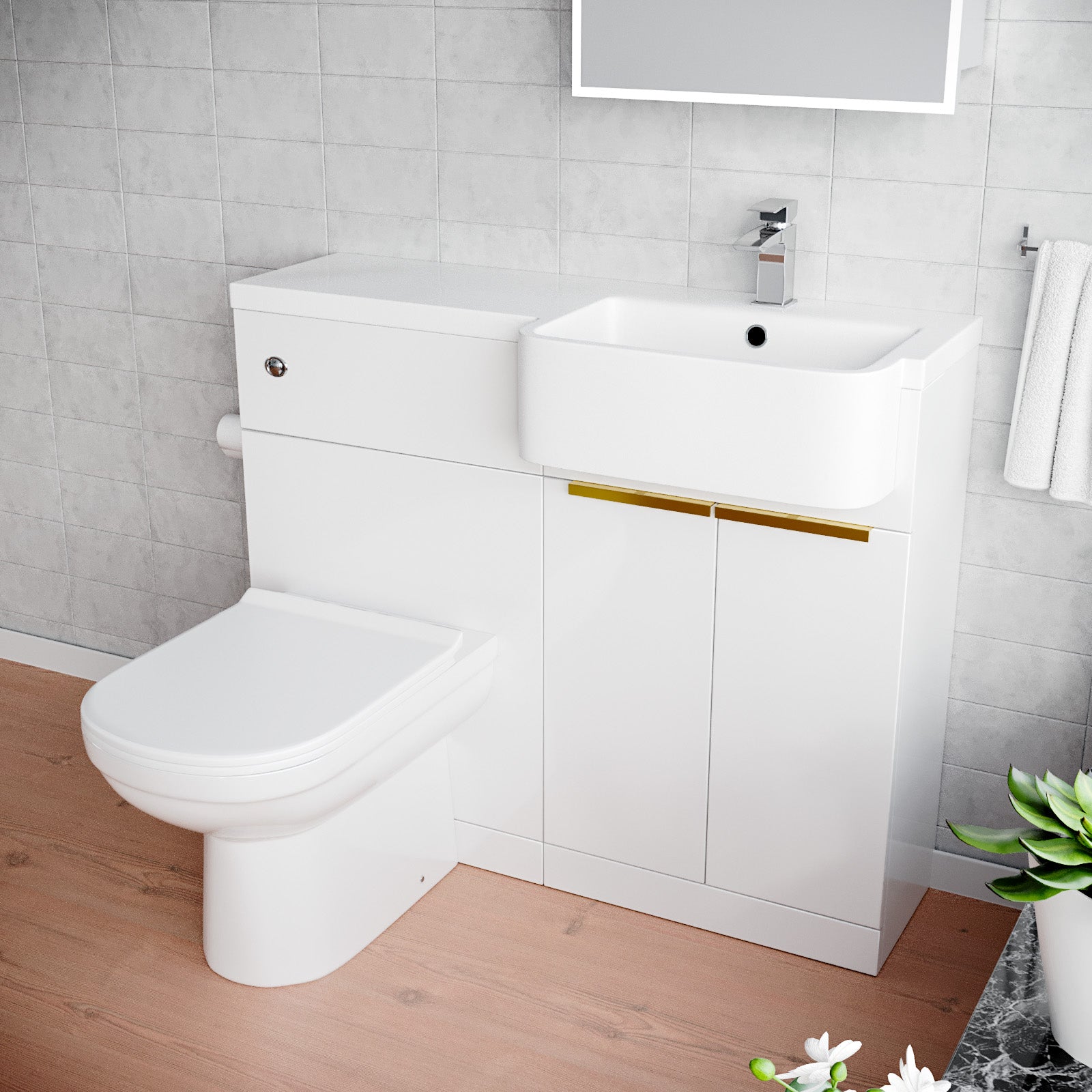 Haoran Basin Vanity Unit With Brushed Brass Handle, WC Unit & Toilet