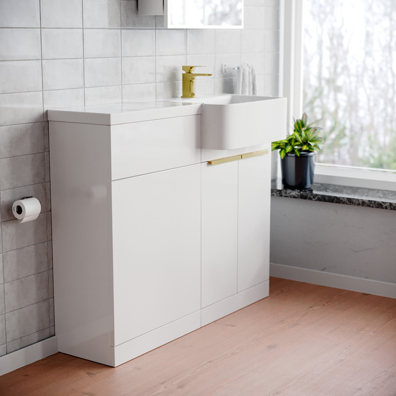 Haoran Brushed Brass Handle Basin Vanity Unit With Tap & WC Unit