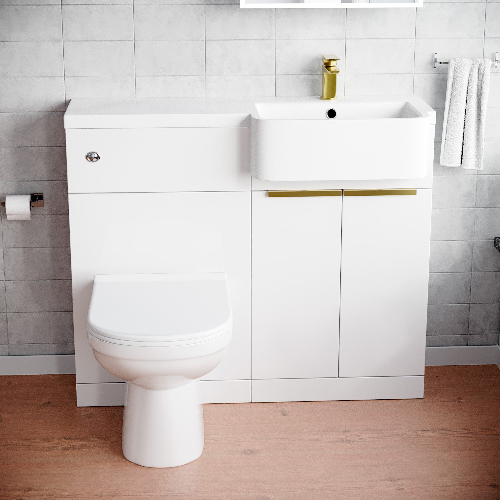 Bretford Basin Vanity Unit With Brushed Brass Handles, WC Unit, Tap & Toilet