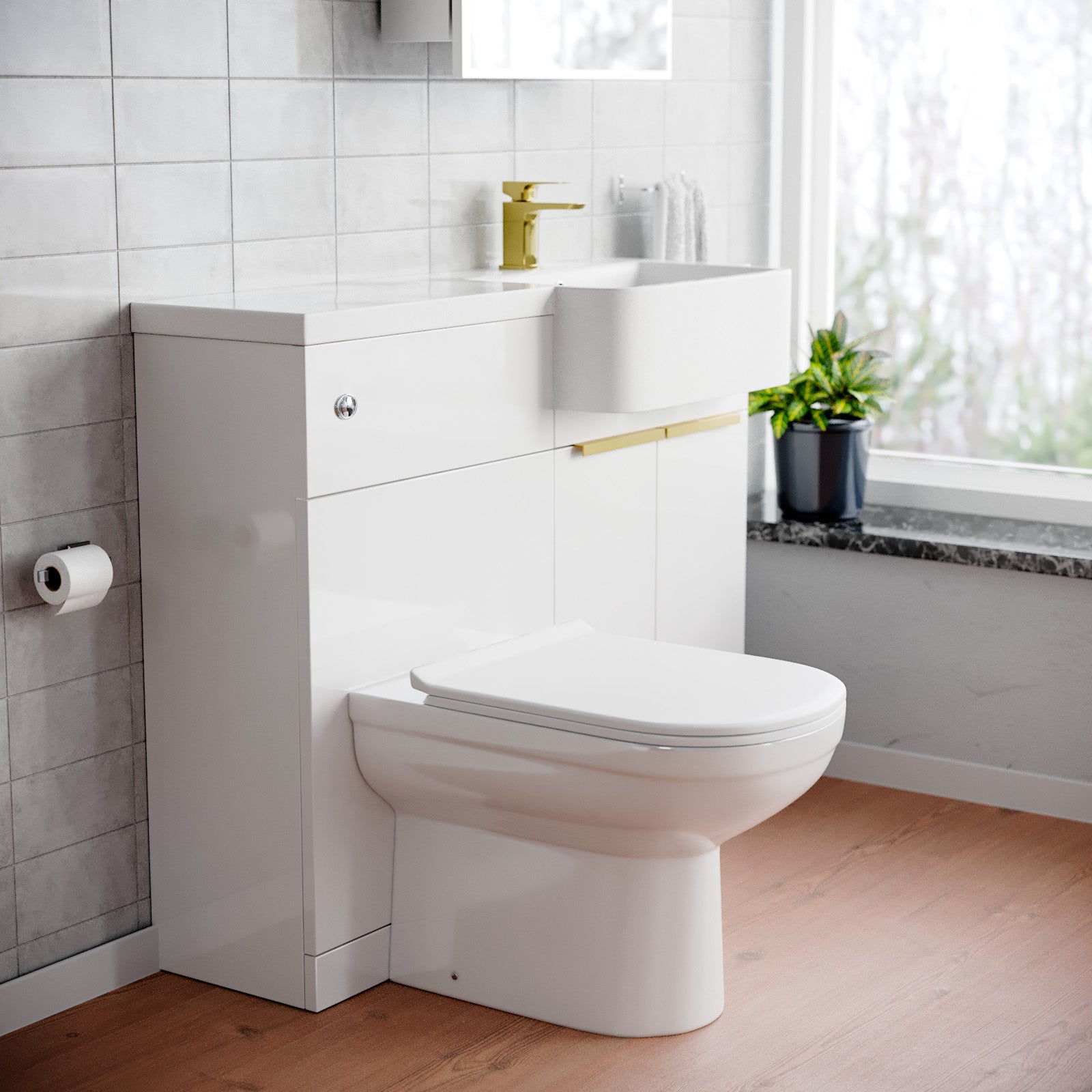 Bretford Basin Vanity Unit With Brushed Brass Handles, WC Unit, Tap & Toilet