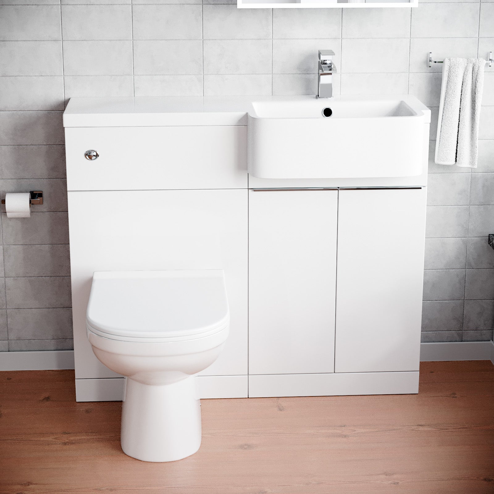 Haoran 1000mm White Cabinet with Basin, WC Unit & Toilet & Chrome Handle