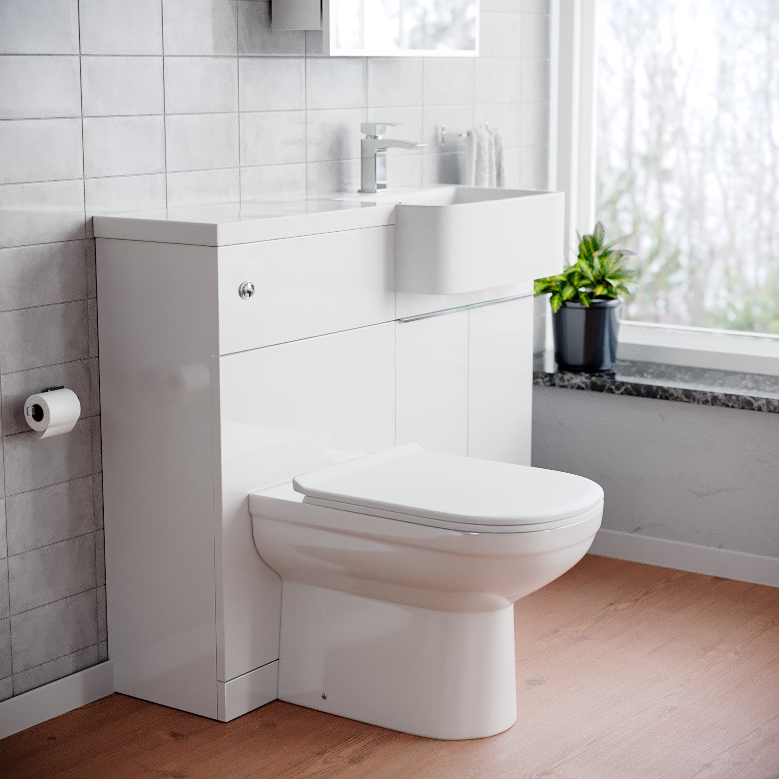 Haoran 1000mm White Cabinet with Basin, WC Unit & Toilet & Chrome Handle